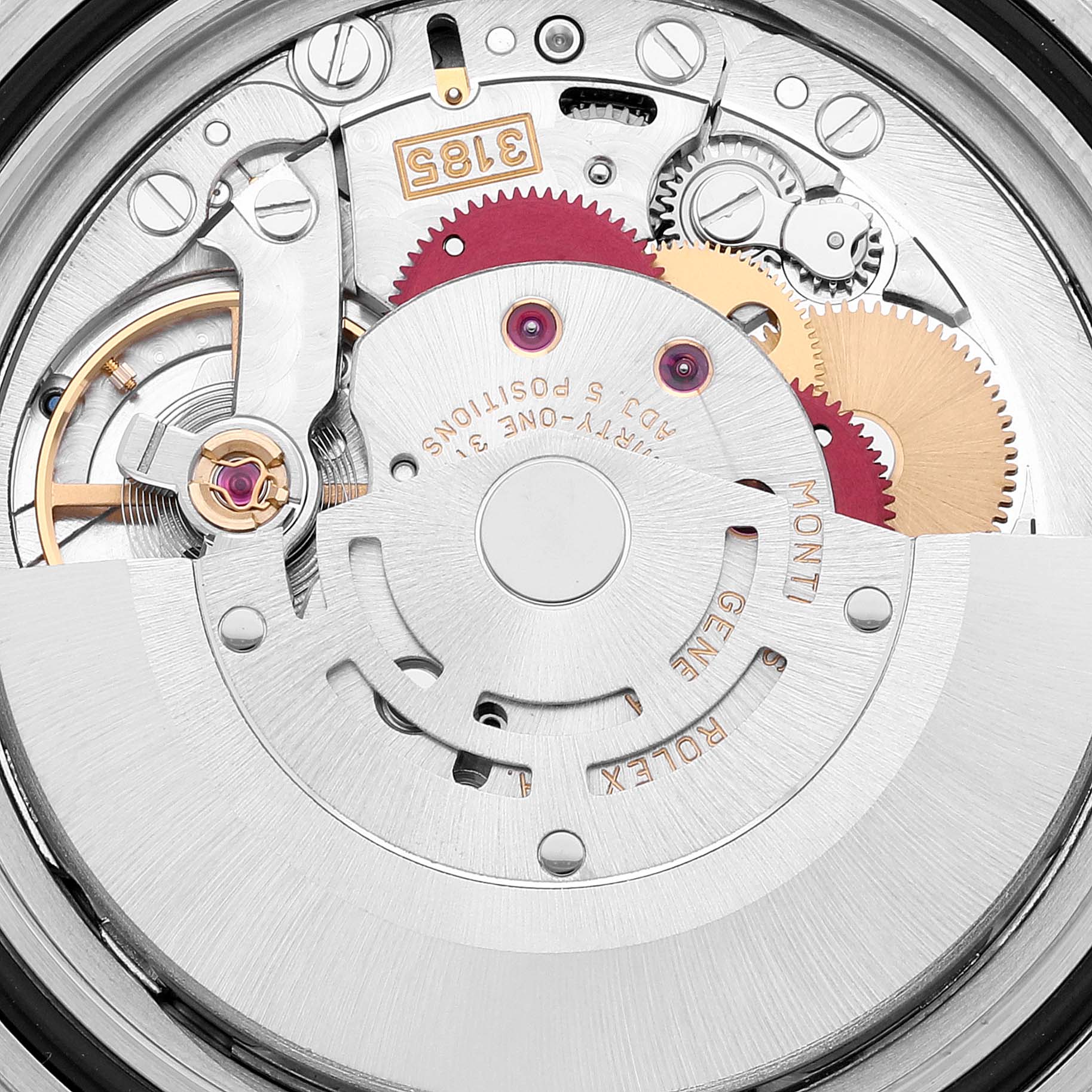 The image shows a close-up view of the movement inside a Rolex GMT-Master 16710 Men's Stainless Steel Black Dial 16710 Men's Stainless Steel Black Dial, highlighting its gears and intricate components from the back.