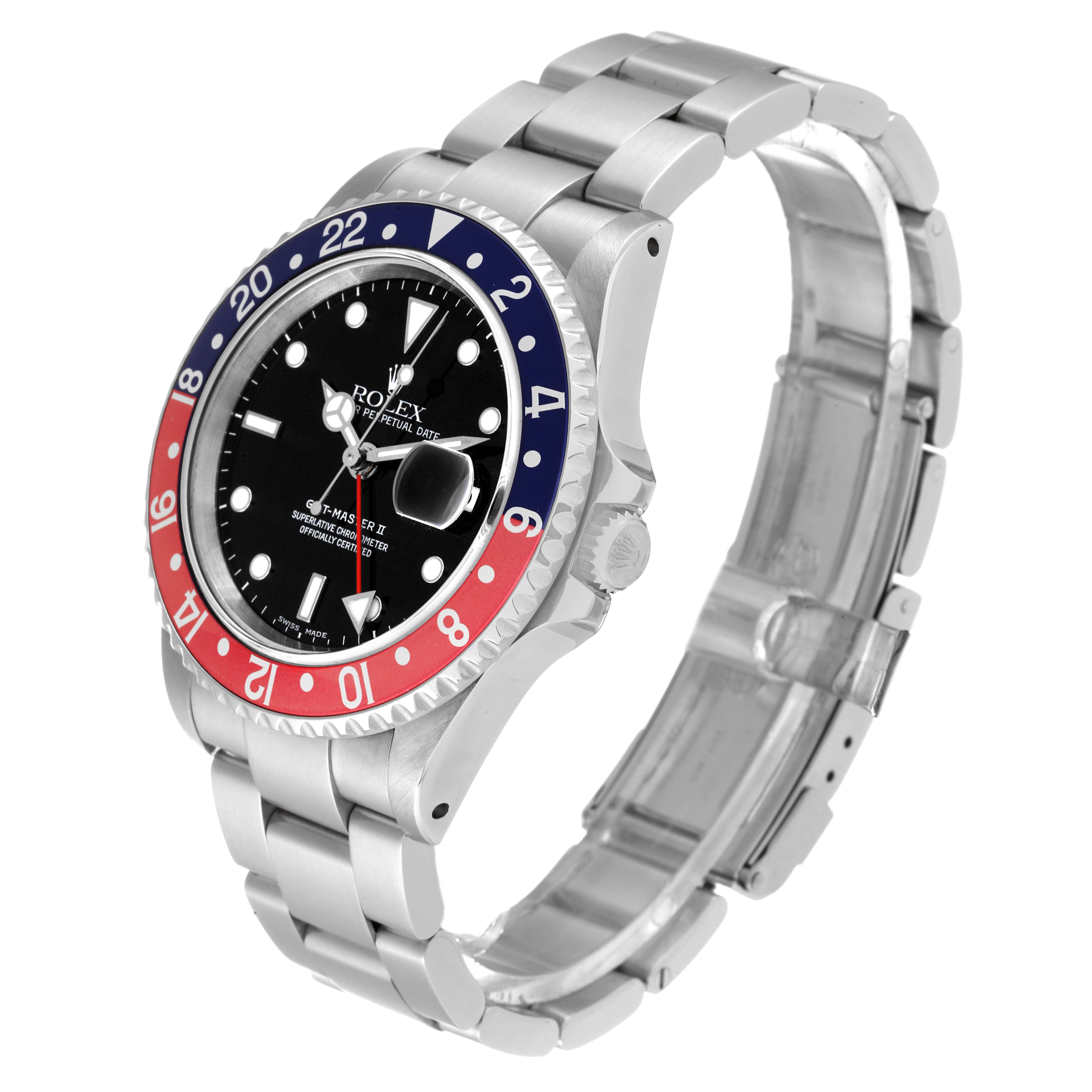 The Rolex GMT-Master 16710 Men's Stainless Steel Black Dial 16710 Men's Stainless Steel Black Dial watch is angled to show the face, bezel, bracelet, and side profile.