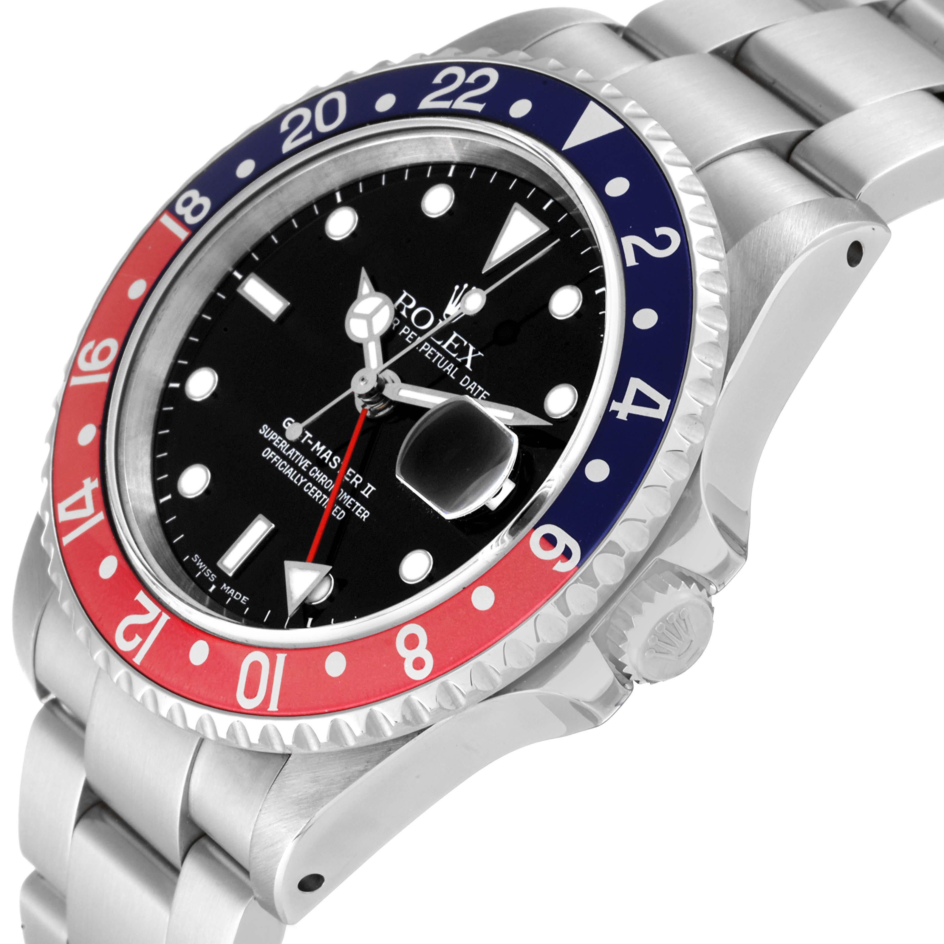 This Rolex GMT-Master 16710 Men's Stainless Steel Black Dial 16710 Men's Stainless Steel Black Dial watch is shown at an angle highlighting the bezel, dial, crown, and part of the bracelet.