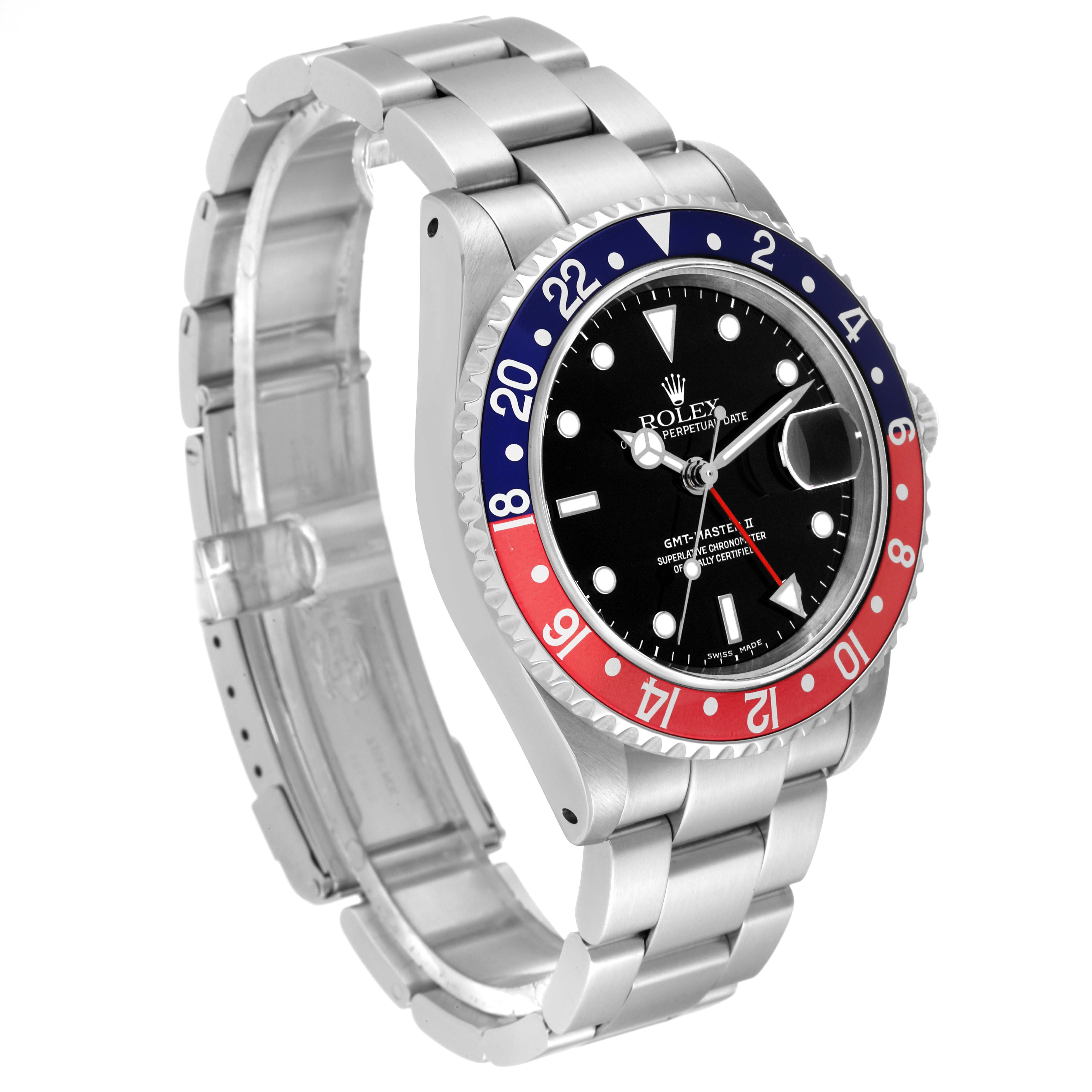 The Rolex GMT-Master 16710 Men's Stainless Steel Black Dial 16710 Men's Stainless Steel Black Dial watch is shown at an angled view highlighting the face, bezel, and bracelet.