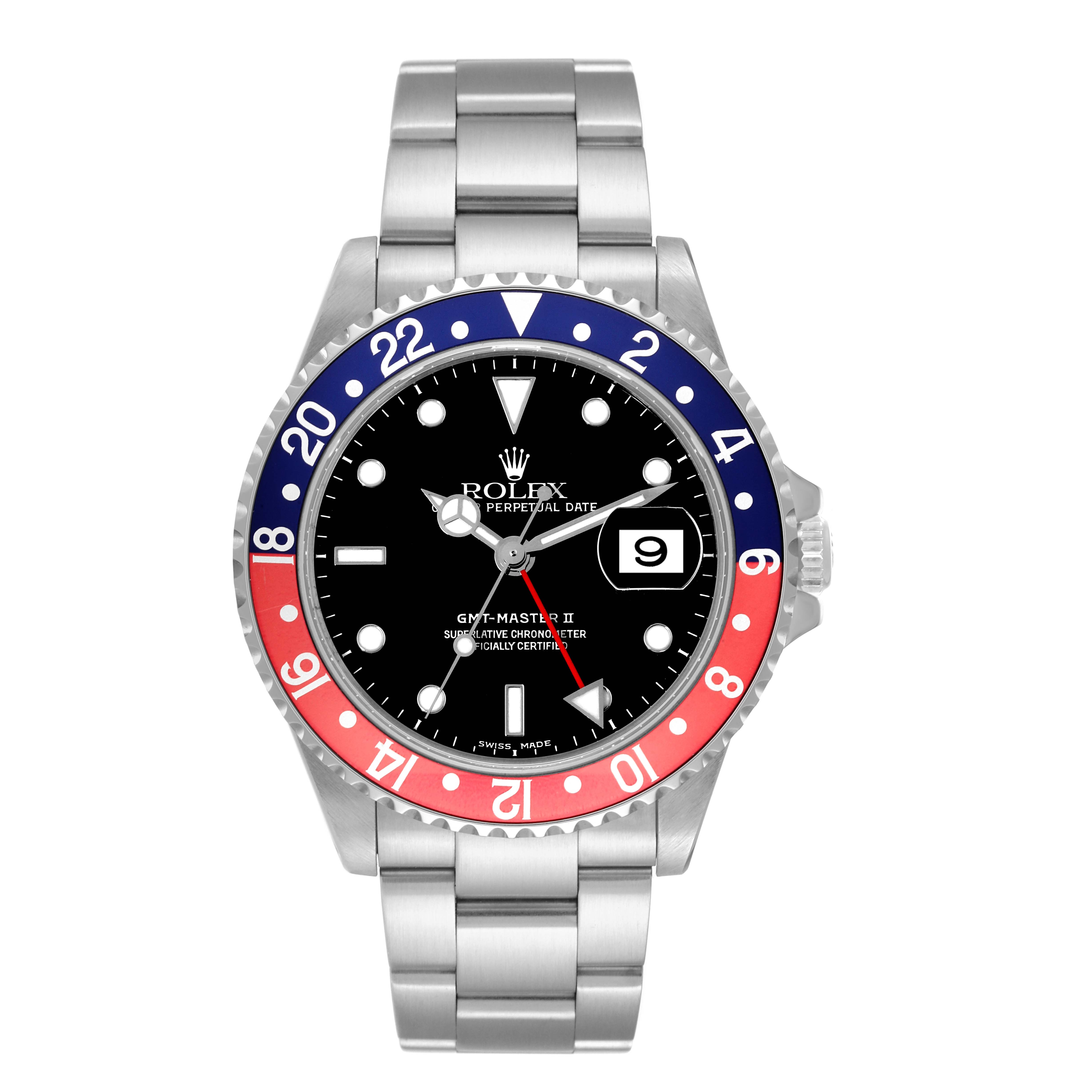 The Rolex GMT-Master 16710 Men's Stainless Steel Black Dial 16710 Men's Stainless Steel Black Dial II watch is shown from a front angle, displaying its red and blue bezel, black dial, and stainless steel bracelet.
