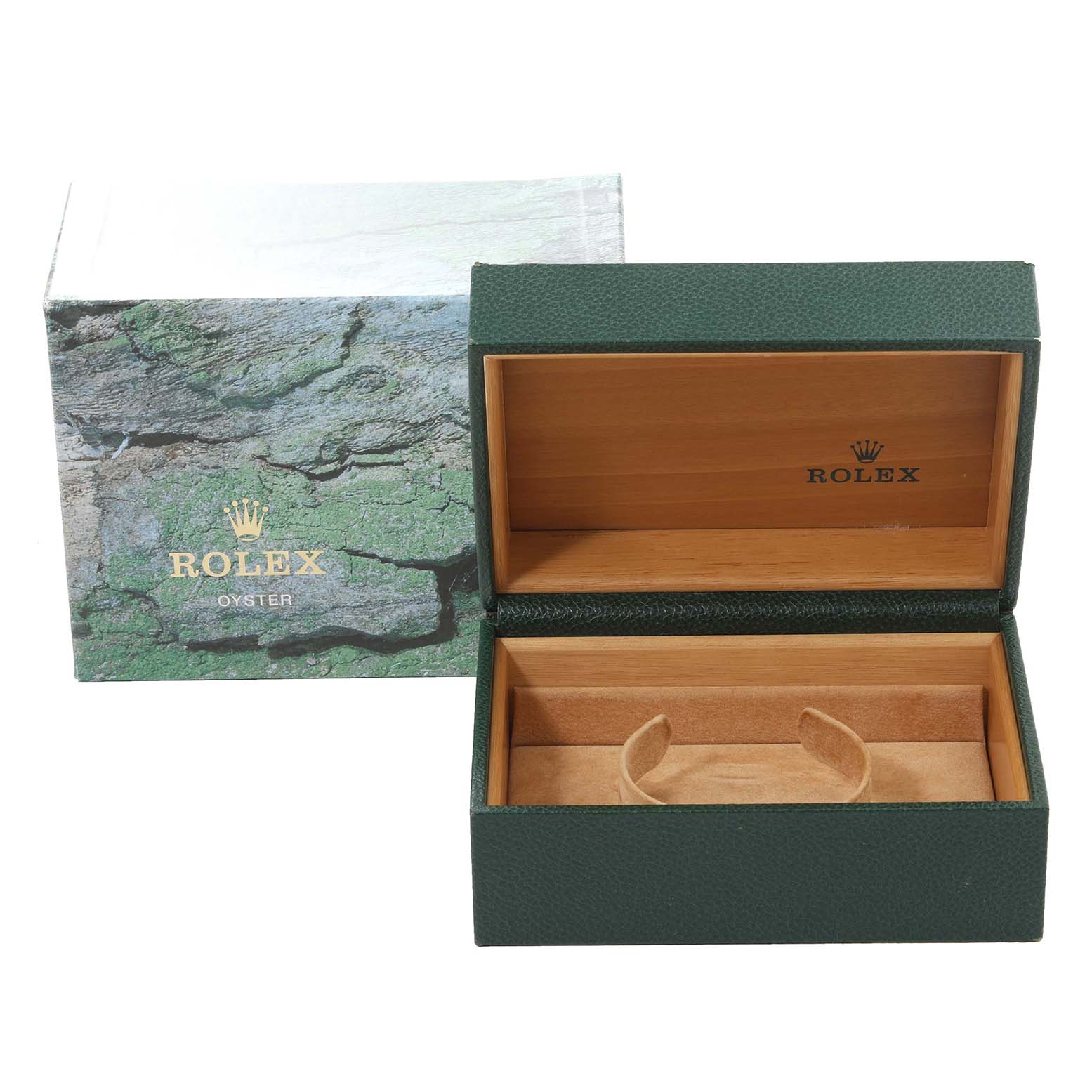 This image shows the open packaging box and inner case for a Rolex GMT-Master 16710 Men's Stainless Steel Black Dial 16710 Men's Stainless Steel Black Dial watch.