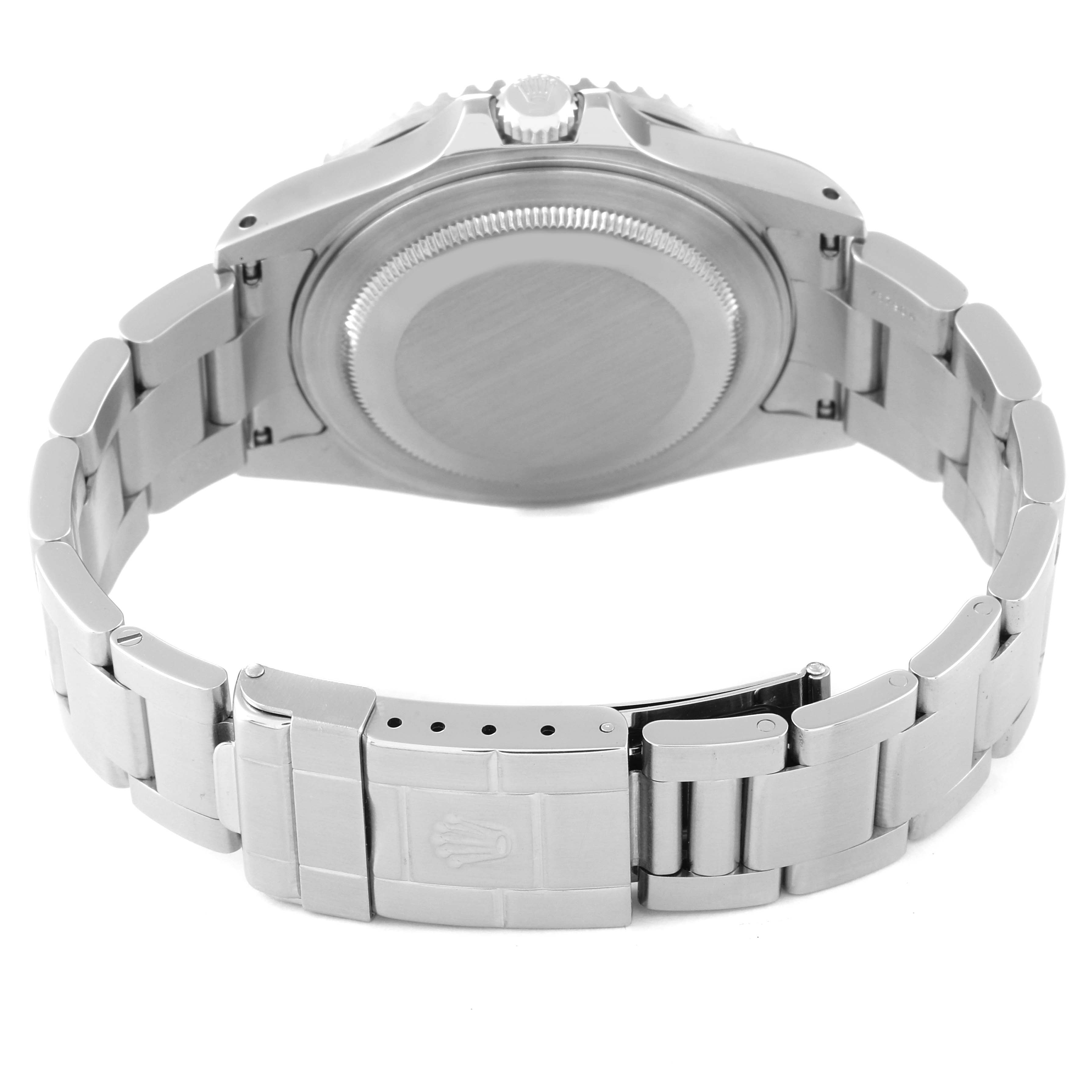 This image shows the back case and stainless steel bracelet clasp of a Rolex GMT-Master 16710 Men's Stainless Steel Black Dial 16710 Men's Stainless Steel Black Dial watch from a rear angle.