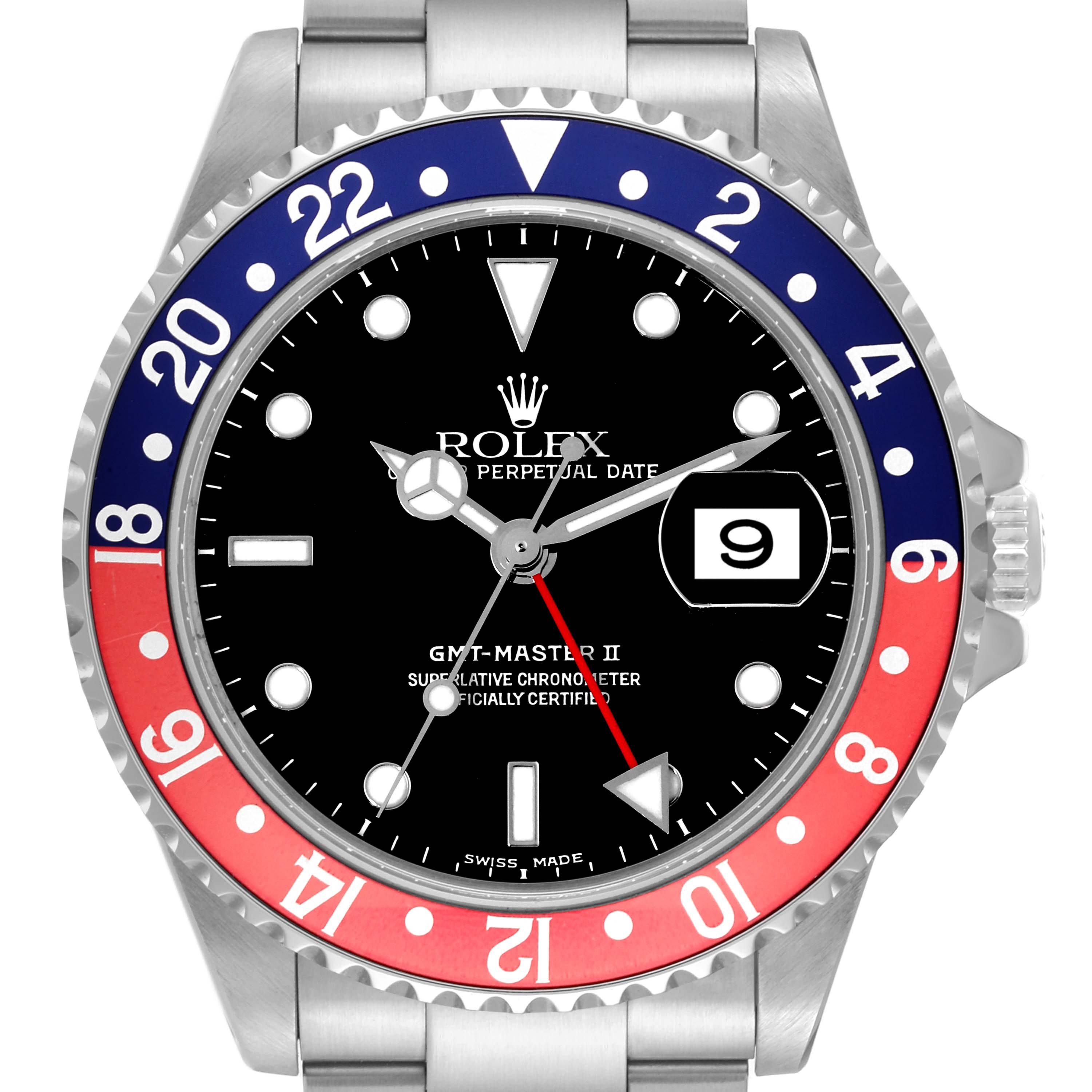 This image shows a front view of a Rolex GMT-Master 16710 Men's Stainless Steel Black Dial 16710 Men's Stainless Steel Black Dial II watch, featuring a black dial and a two-tone red and blue bezel.