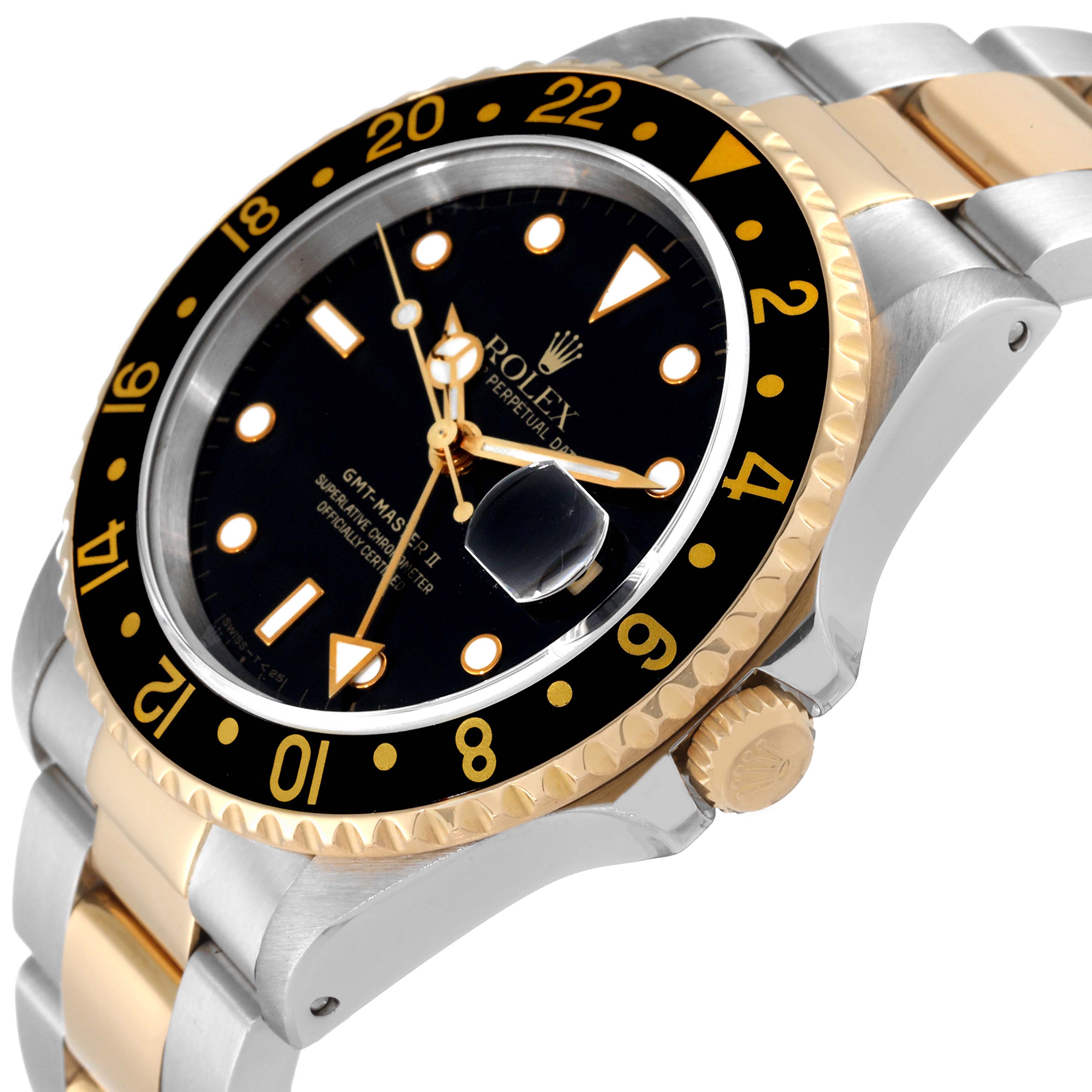 The image shows a side angle view of a Rolex GMT-Master 16713 Men's Steel and Gold (two tone) Black Dial 16713 Men's Steel and Gold (two tone) Black Dial II watch, highlighting the bezel, dial, crown, and two-tone bracelet.