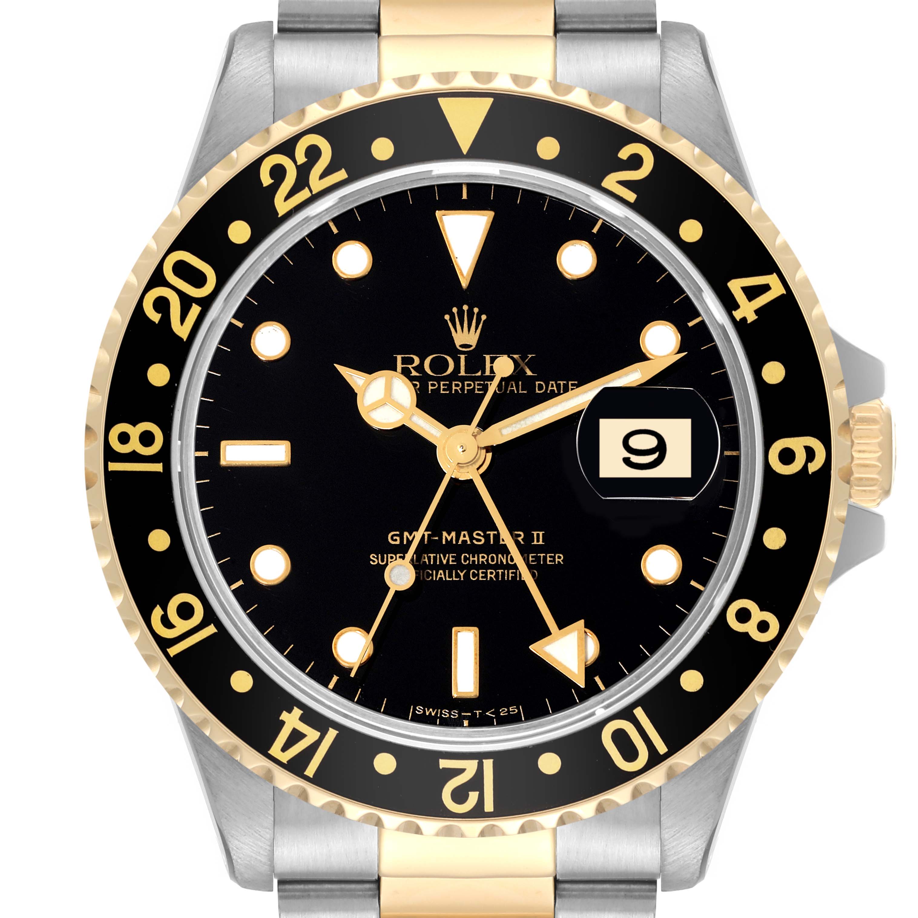 This image shows a front view of a Rolex GMT-Master 16713 Men's Steel and Gold (two tone) Black Dial 16713 Men's Steel and Gold (two tone) Black Dial II watch, highlighting its black dial, gold and steel bracelet, and date window.