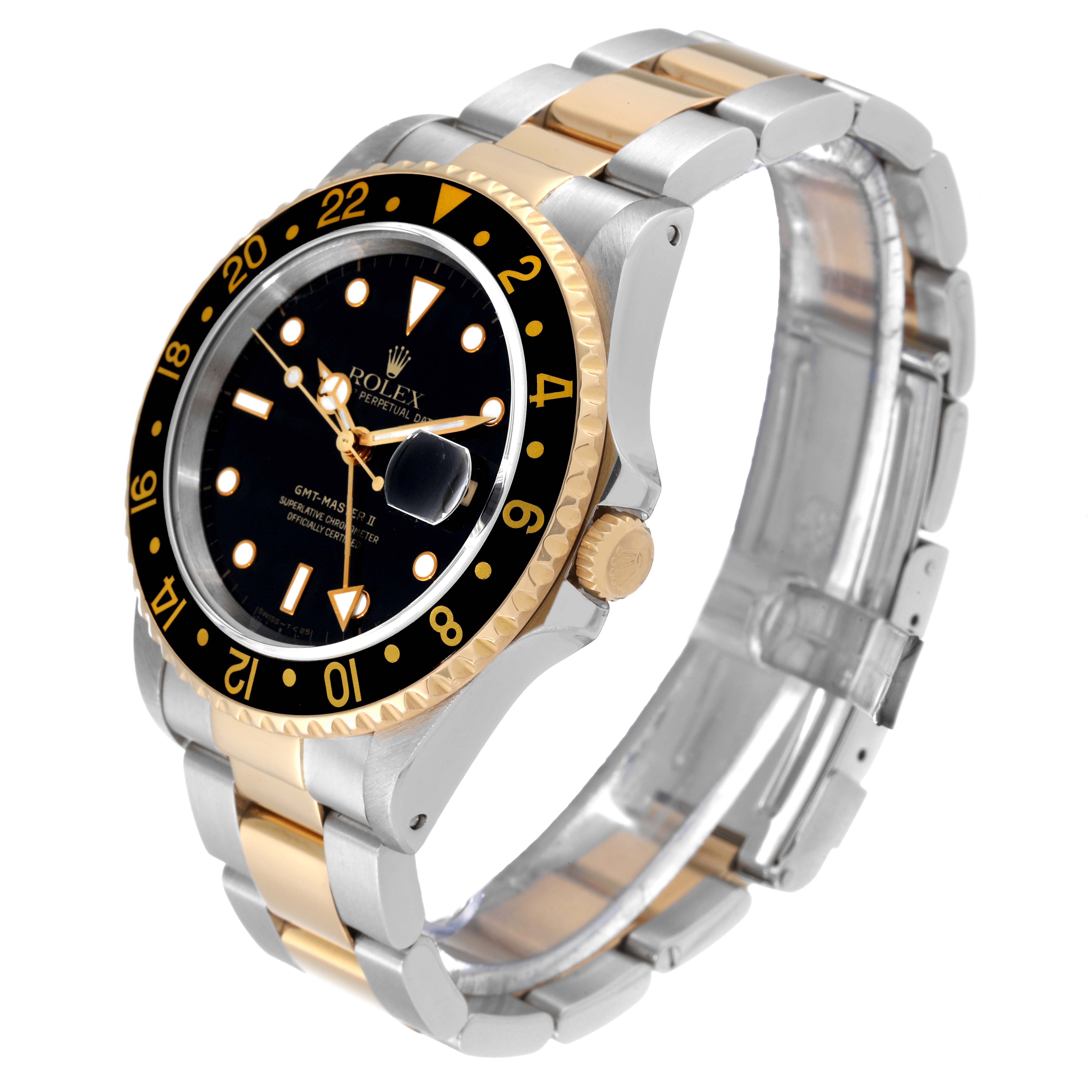 The image shows a Rolex GMT-Master 16713 Men's Steel and Gold (two tone) Black Dial 16713 Men's Steel and Gold (two tone) Black Dial watch from a front angle, highlighting the bezel, dial, crown, and bracelet.