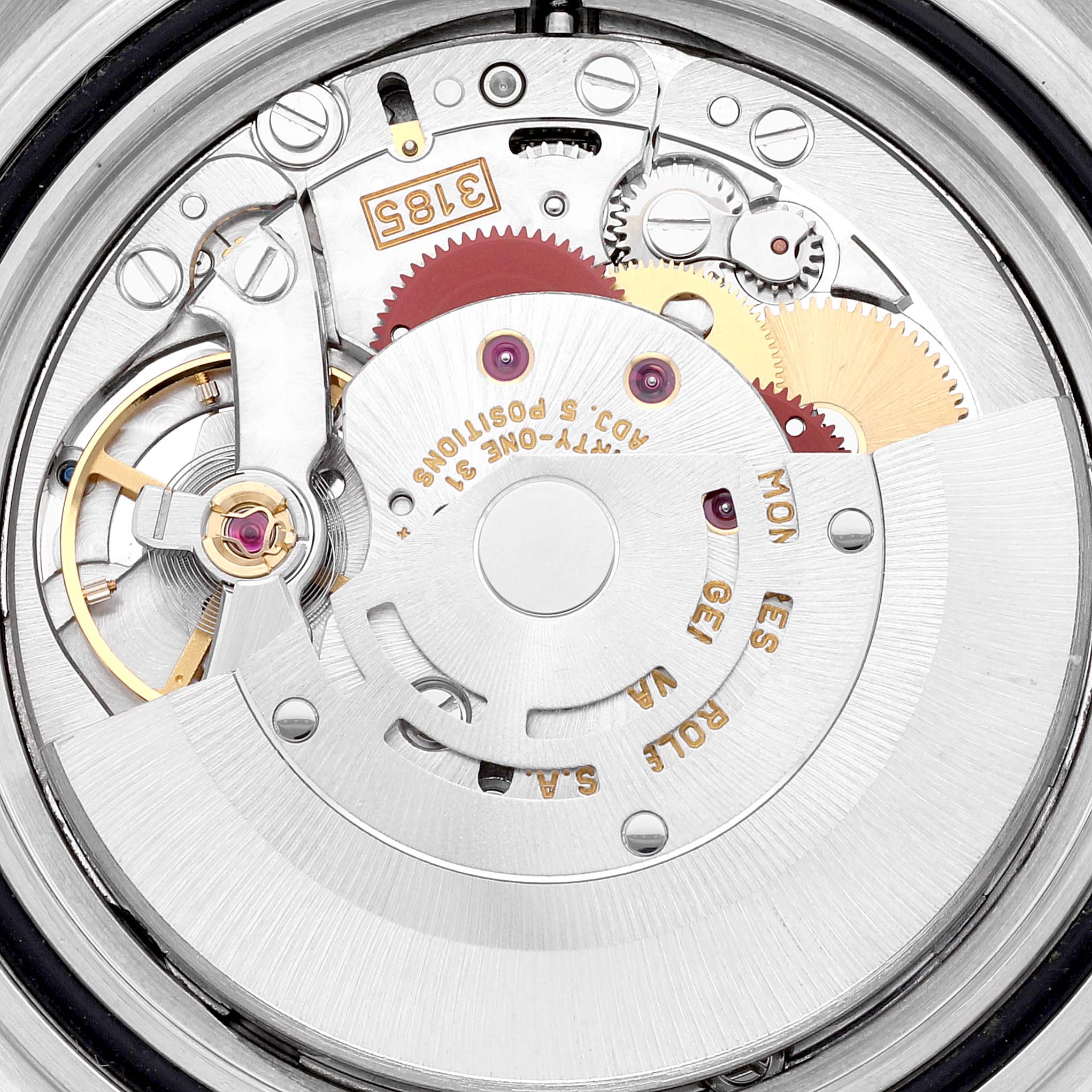 This image shows the inner mechanical movement of a Rolex GMT-Master 16713 Men's Steel and Gold (two tone) Black Dial 16713 Men's Steel and Gold (two tone) Black Dial watch from a top-down angle.