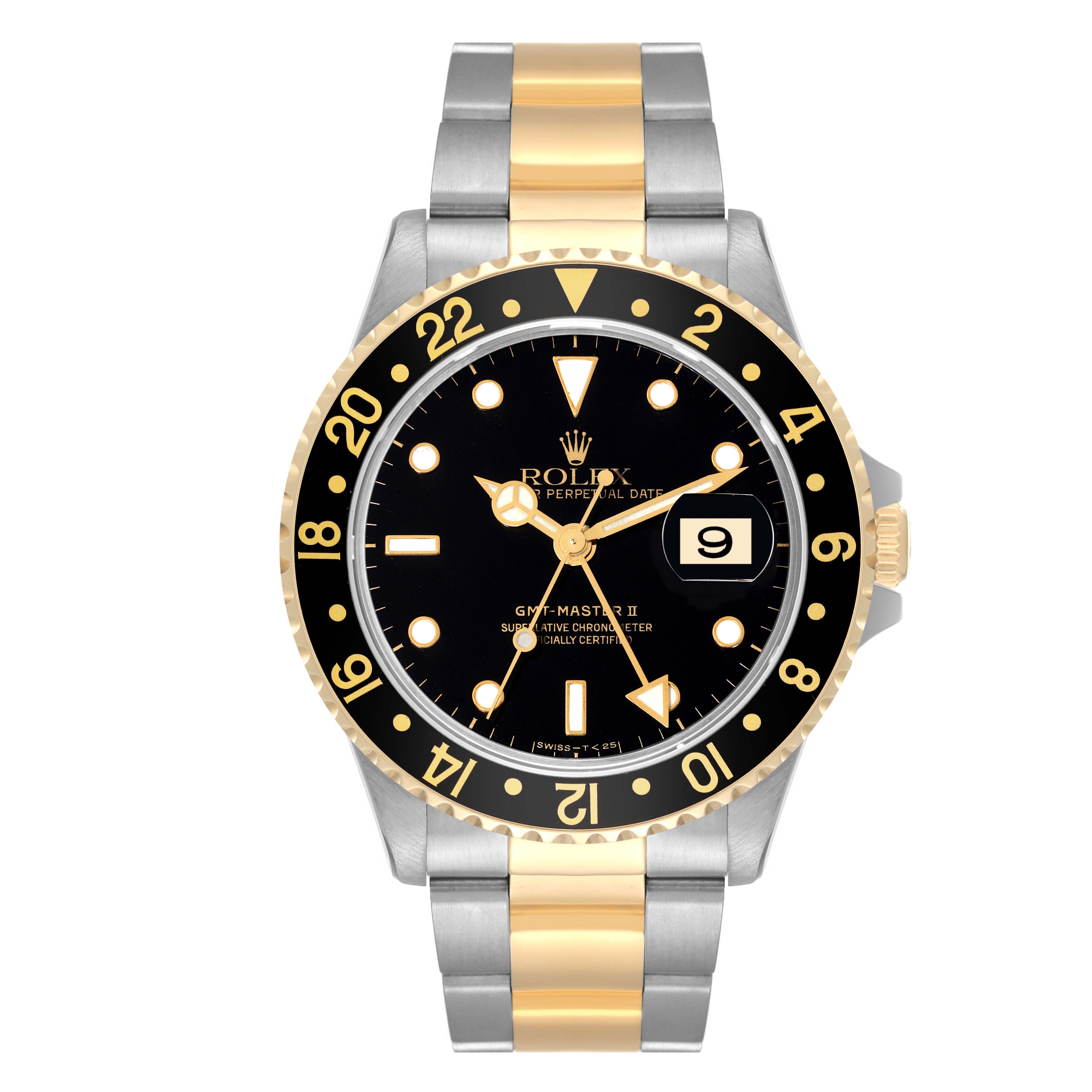 This image shows a head-on view of a Rolex GMT-Master 16713 Men's Steel and Gold (two tone) Black Dial 16713 Men's Steel and Gold (two tone) Black Dial II watch, highlighting its bezel, dial, hands, and bracelet.