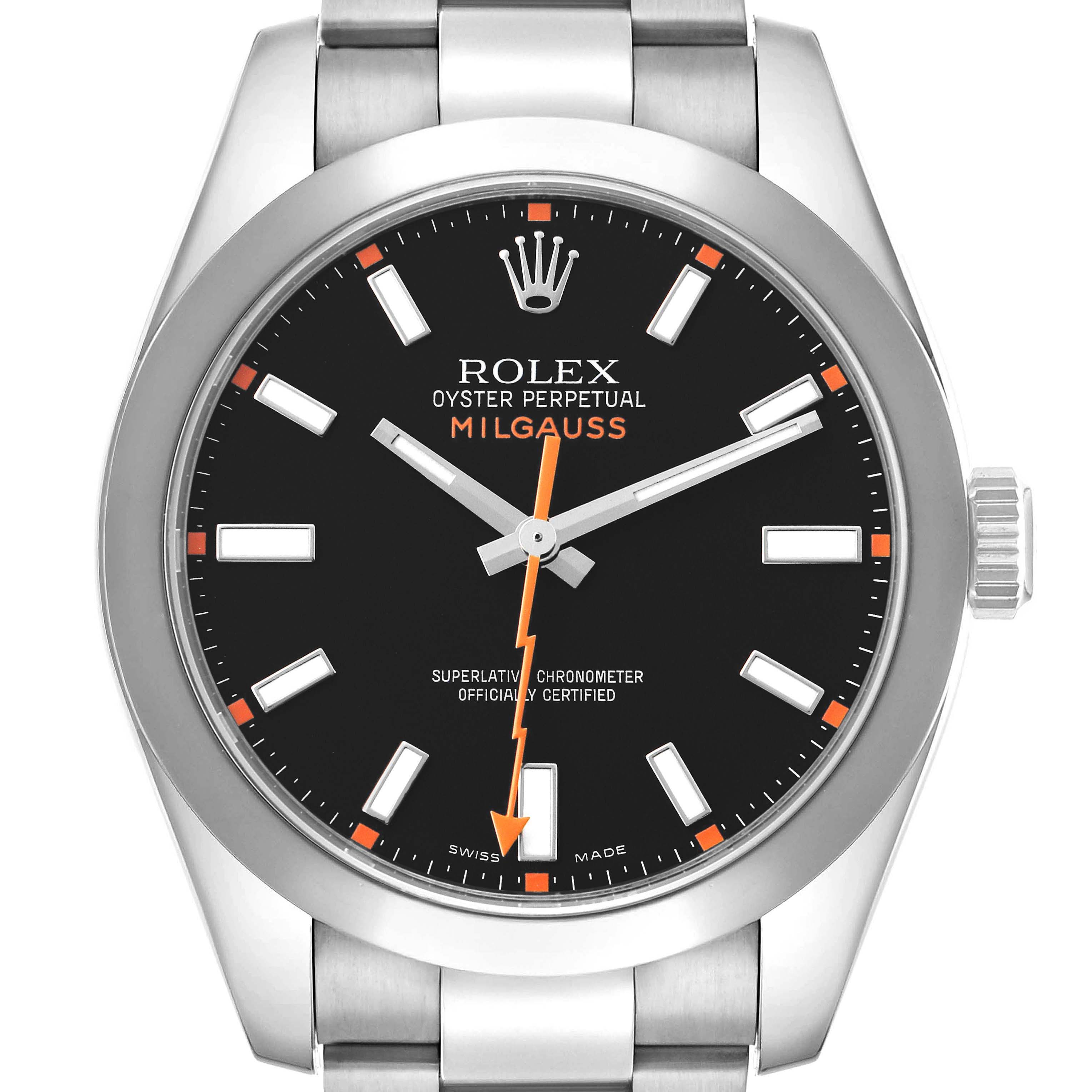 The Rolex Milgauss 116400 Men's Stainless Steel Black Dial watch is shown from the front, displaying the dial, hands, and bezel.