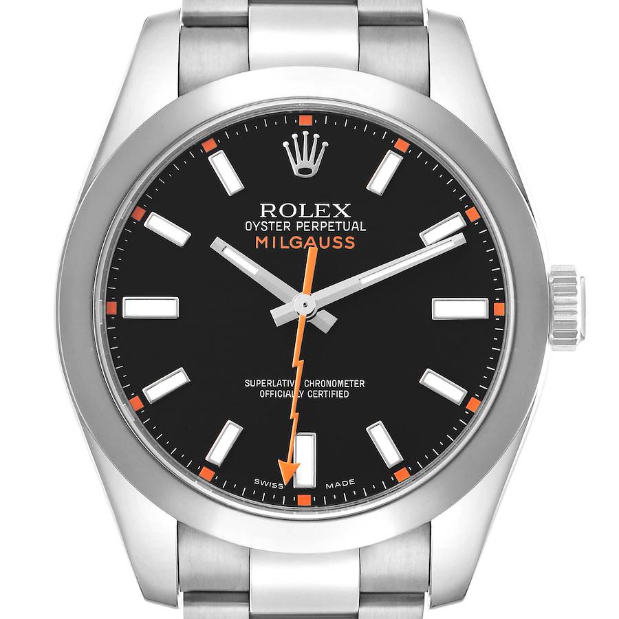 The Rolex Milgauss 116400 Men's Stainless Steel Black Dial watch is shown from the front, displaying the dial, hands, and bezel.