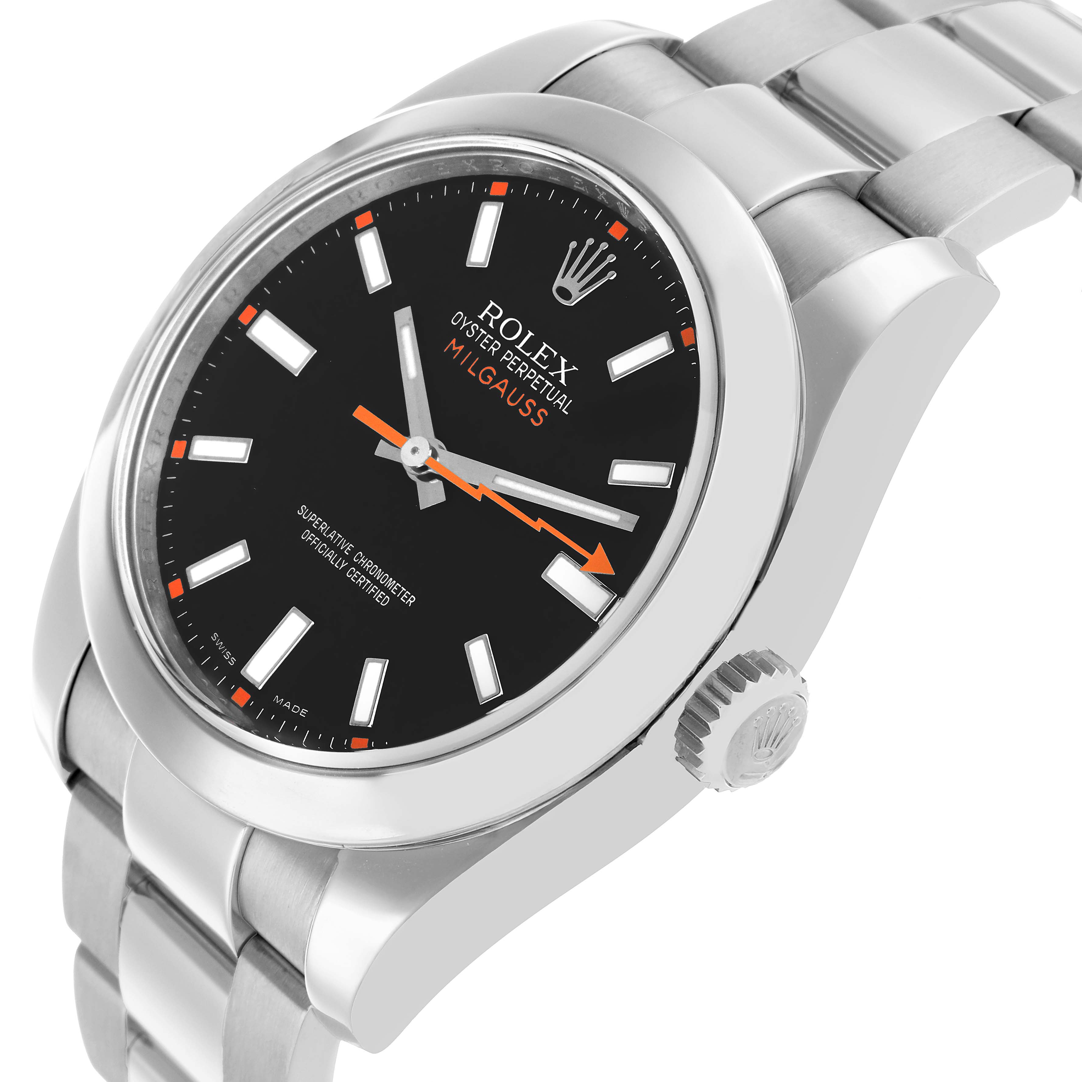 The Rolex Milgauss 116400 Men's Stainless Steel Black Dial watch is shown at a three-quarter angle, highlighting the face, bezel, crown, and part of the bracelet.