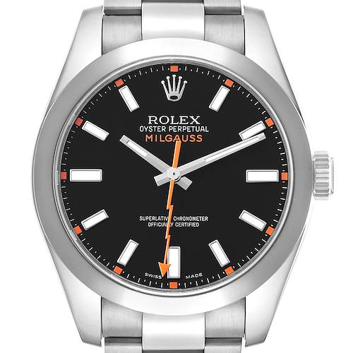 The image shows a front view of the Rolex Milgauss 116400 Men
s Stainless Steel Black Dial watch face, highlighting the dial, hands, and markers.