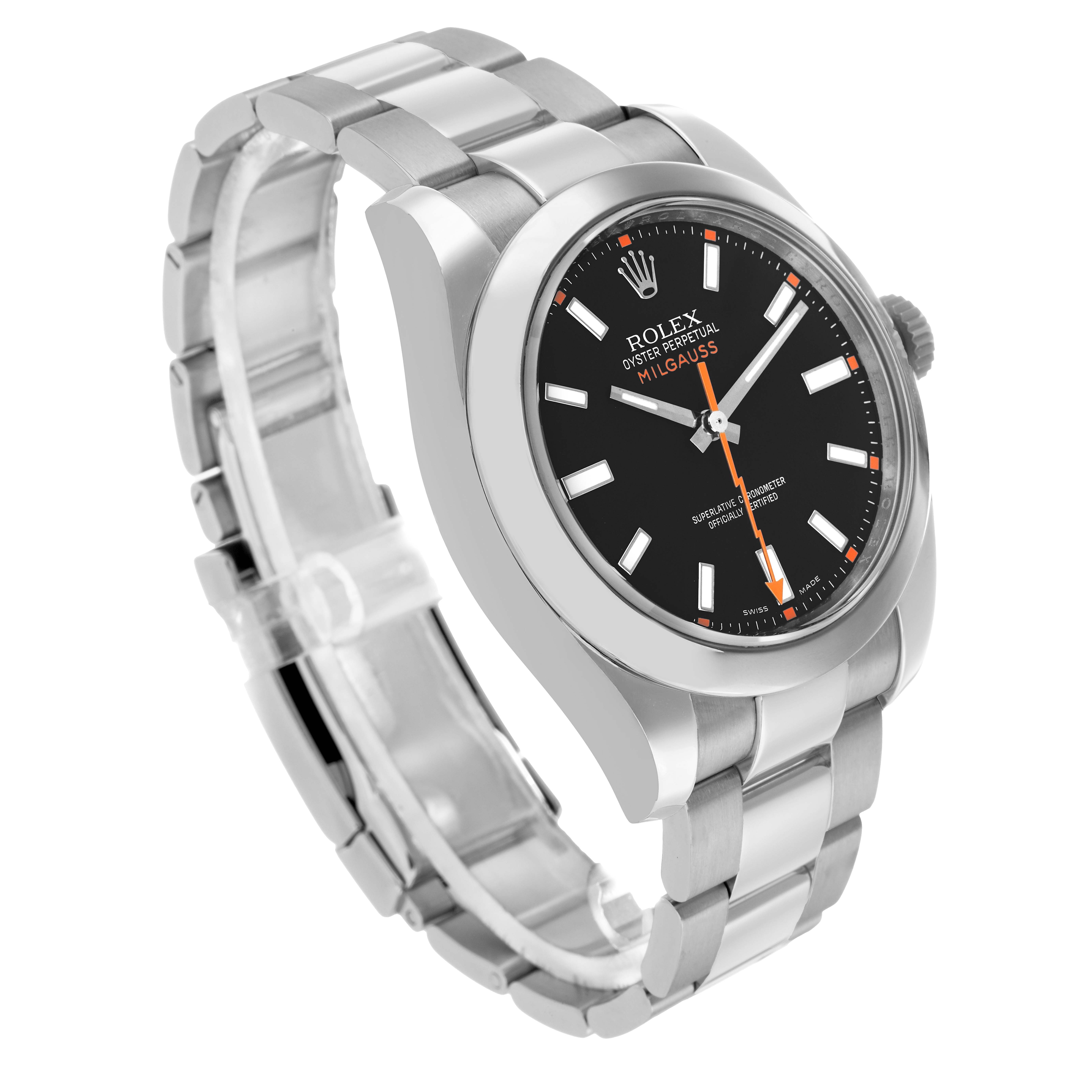 The Rolex Milgauss 116400 Men's Stainless Steel Black Dial watch is shown at a three-quarter angle, highlighting the face, bezel, and bracelet.