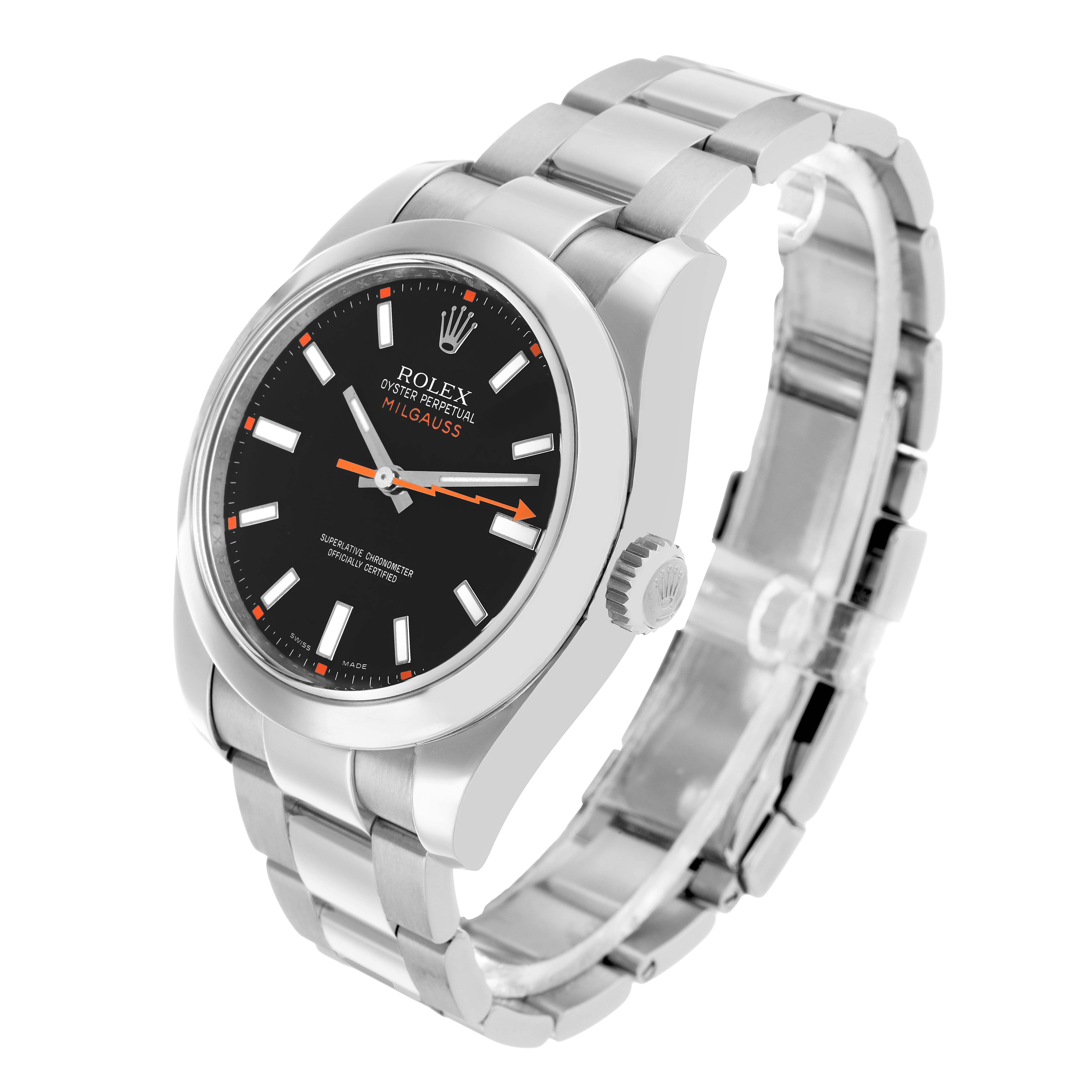 The Rolex Milgauss 116400 Men's Stainless Steel Black Dial watch is shown at a slight angle, displaying the face, bezel, crown, and bracelet.
