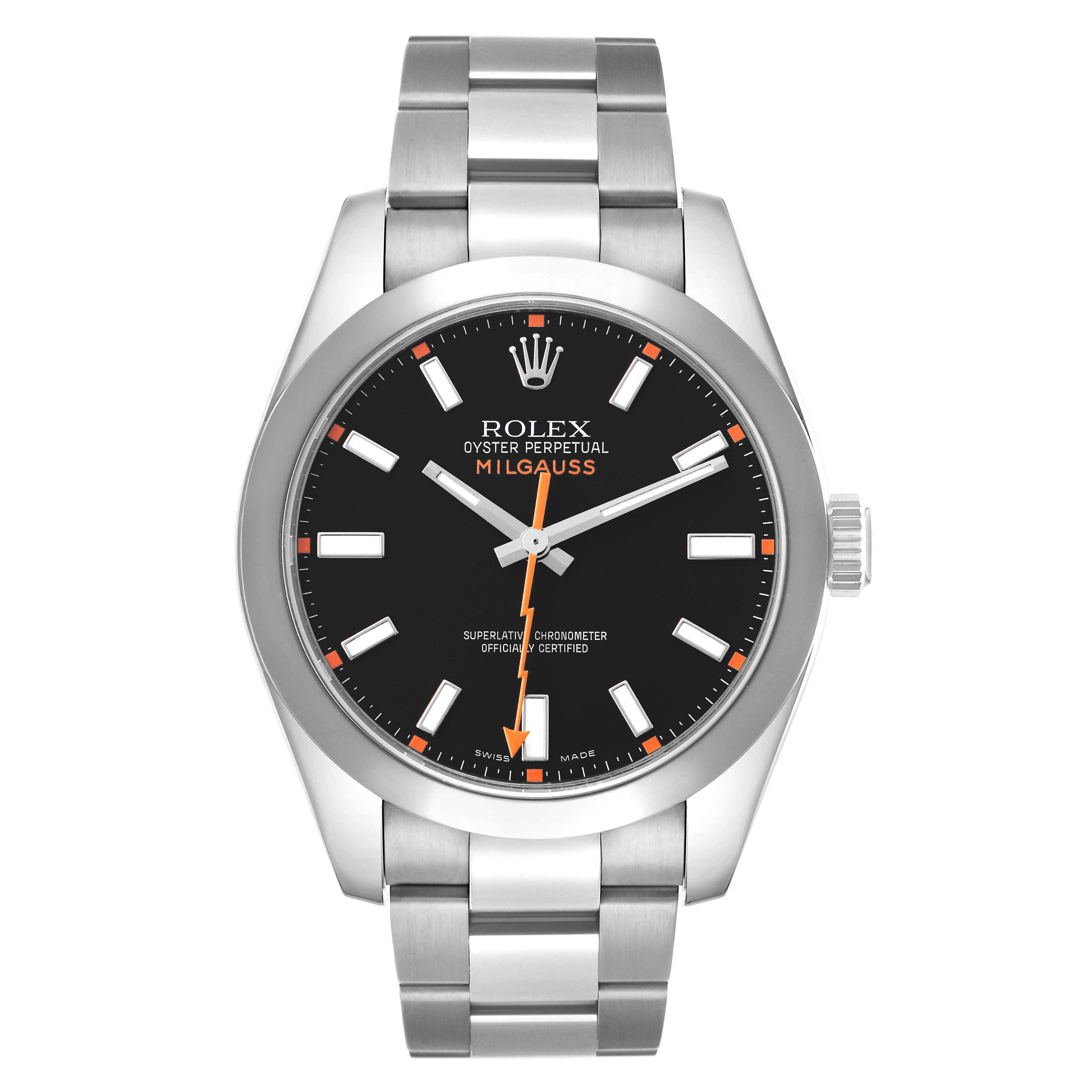 The Rolex Milgauss 116400 Men's Stainless Steel Black Dial watch is shown from the front, displaying the face, bezel, dial, and part of the bracelet.