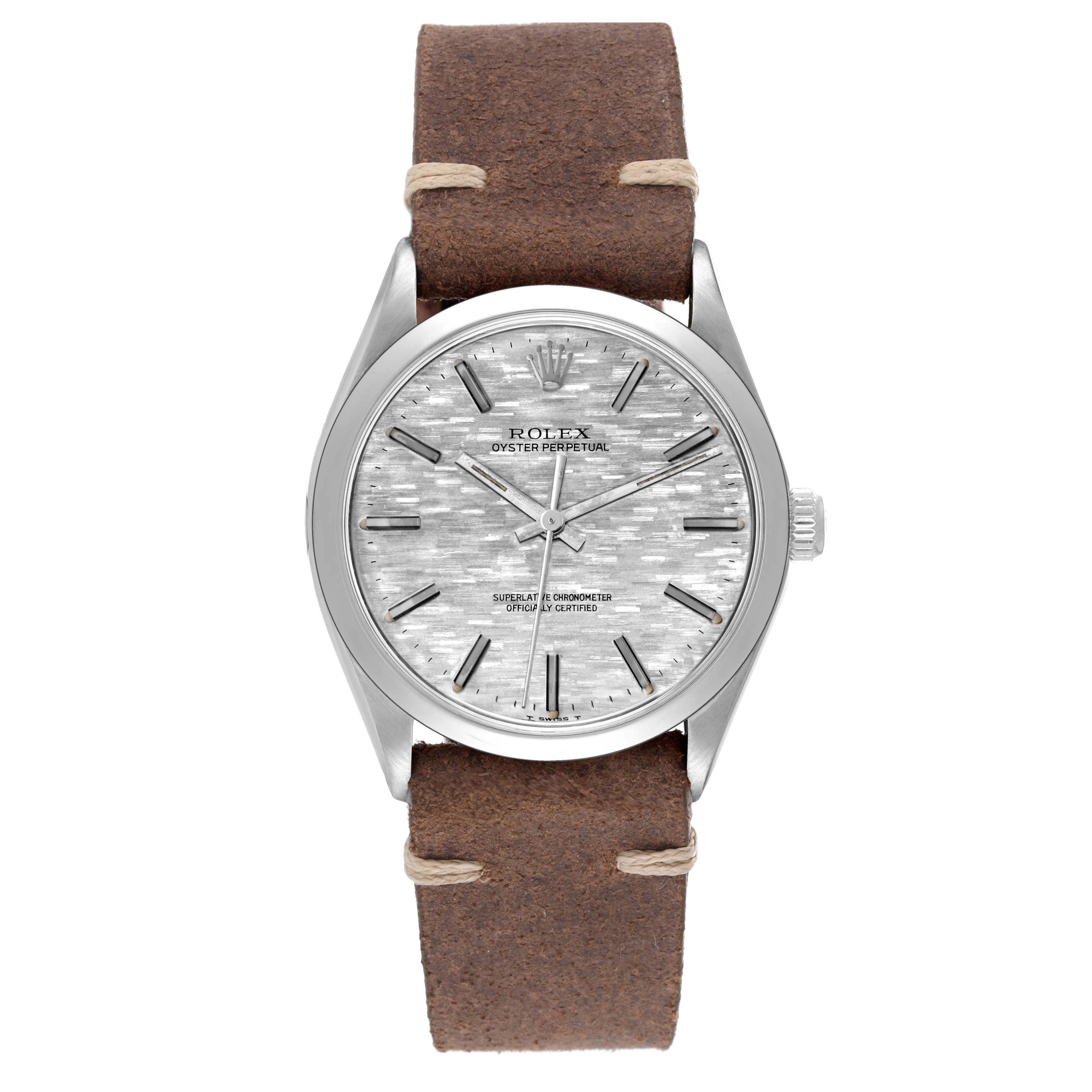 The Rolex Vintage Collection 1002 Men's Stainless Steel Silver Dial 1002 Men's Stainless Steel Silver Dial model is shown from the front, displaying the face, dial, case, and leather strap.