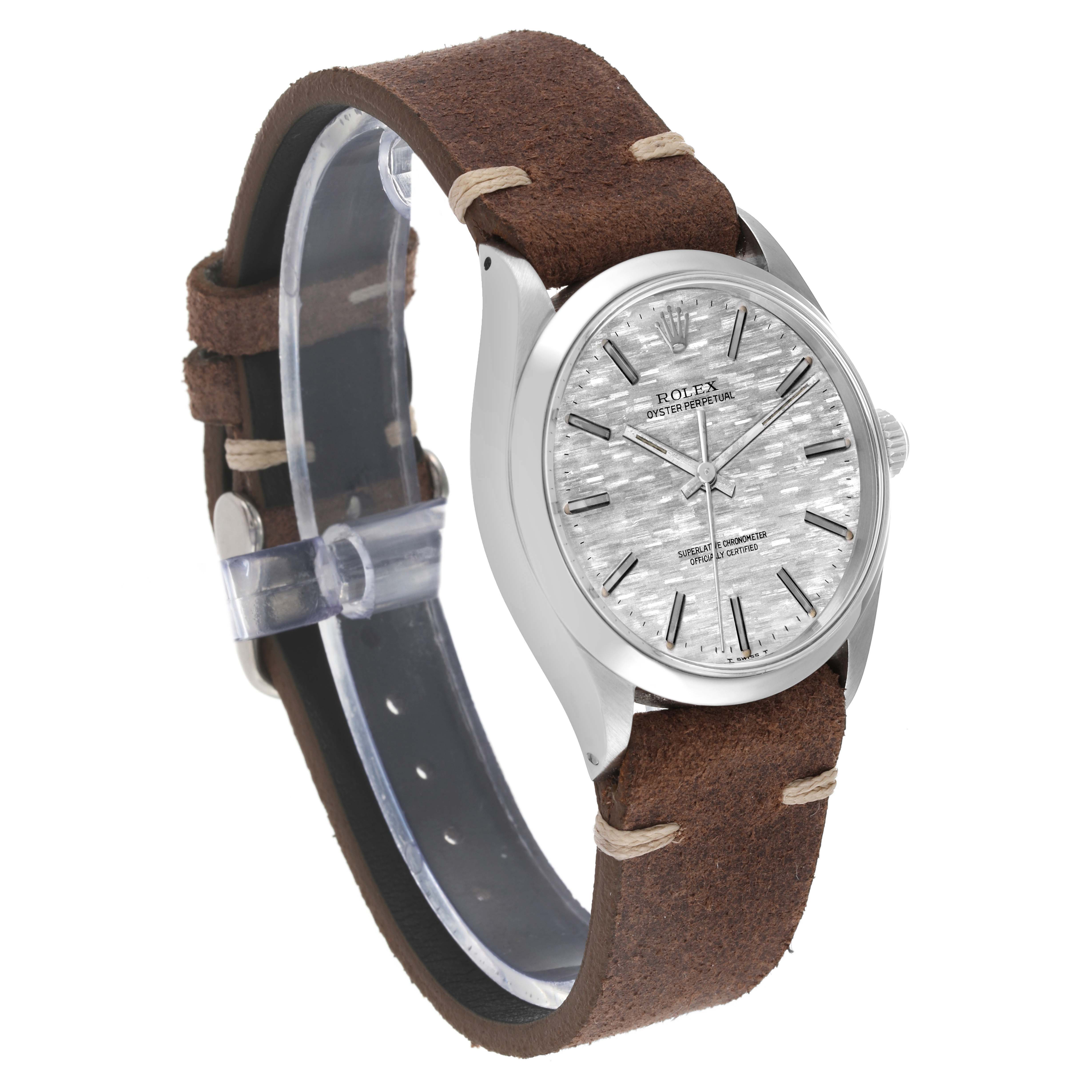 The image shows a Rolex Vintage Collection 1002 Men's Stainless Steel Silver Dial 1002 Men's Stainless Steel Silver Dial watch at an angled front view, highlighting its face and brown leather strap.