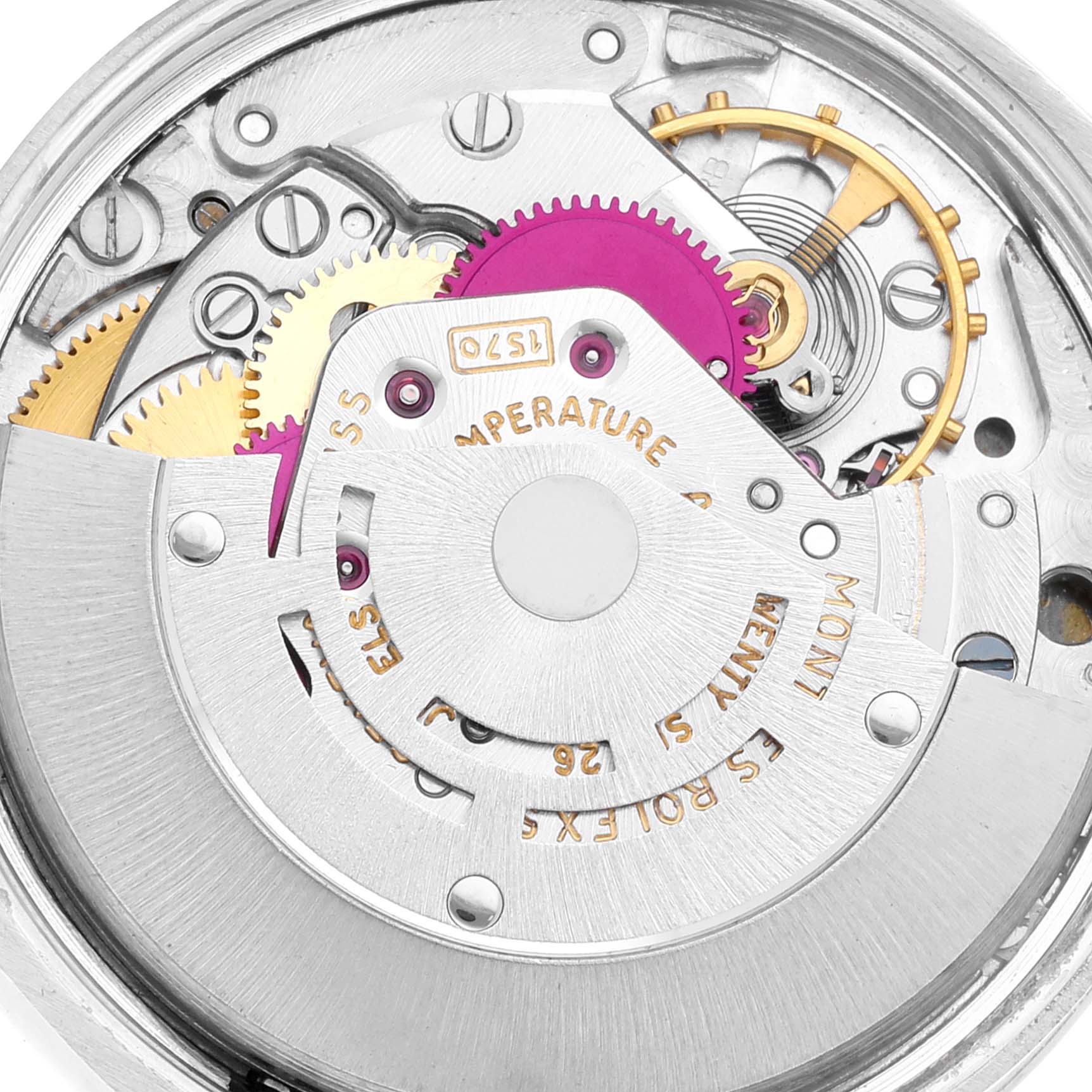 This image shows a close-up of the movement mechanism of a Rolex Vintage Collection 1002 Men's Stainless Steel Silver Dial 1002 Men's Stainless Steel Silver Dial watch from a top-down angle.
