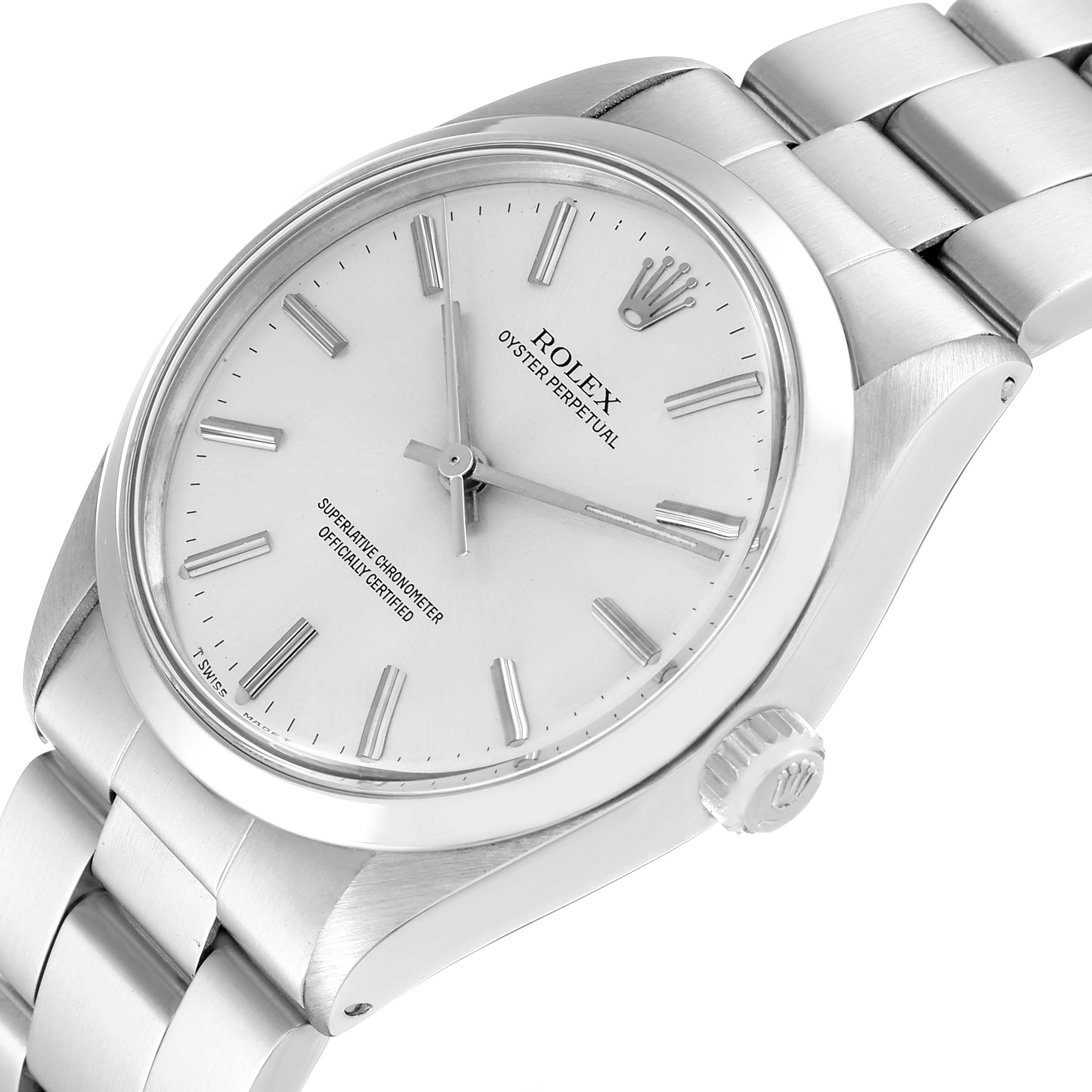 The Rolex Vintage Collection 1002 Men's Stainless Steel Silver Dial 1002 Men's Stainless Steel Silver Dial watch is shown at a slightly tilted angle, highlighting the face, bezel, crown, and bracelet.