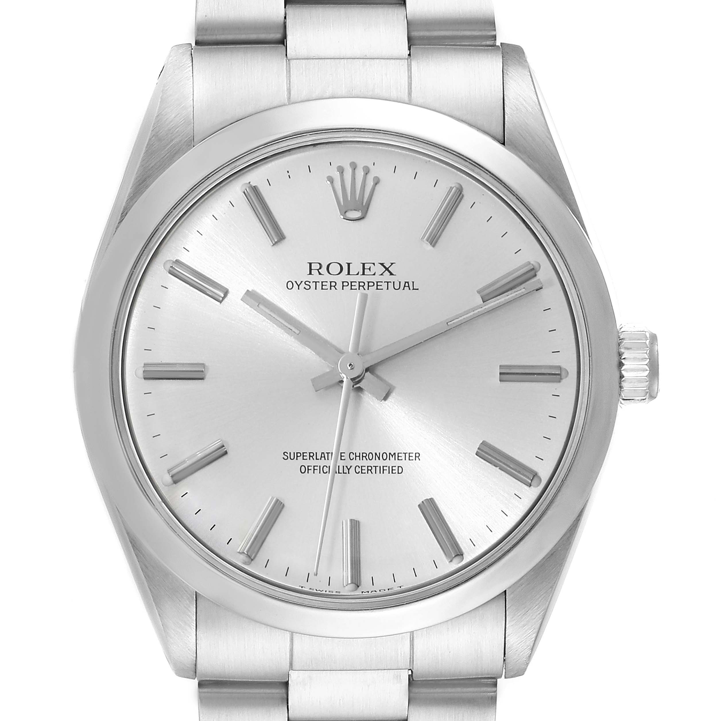 The image shows a front view of the Rolex Vintage Collection 1002 Men's Stainless Steel Silver Dial 1002 Men's Stainless Steel Silver Dial Oyster Perpetual model, highlighting its face, crown, and bracelet.