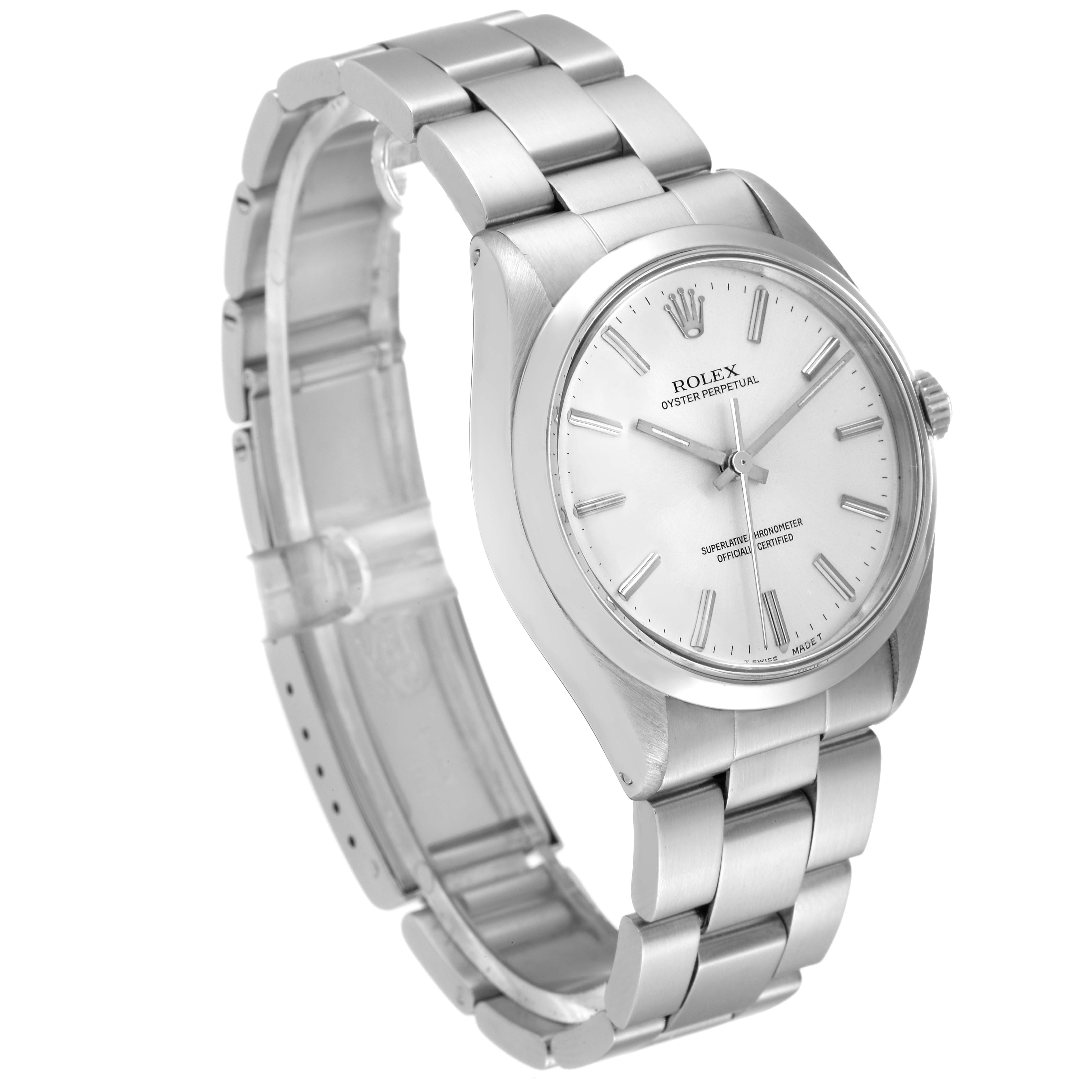 The image shows a side angle of the Rolex Vintage Collection 1002 Men's Stainless Steel Silver Dial 1002 Men's Stainless Steel Silver Dial watch, displaying its face, crown, and bracelet.