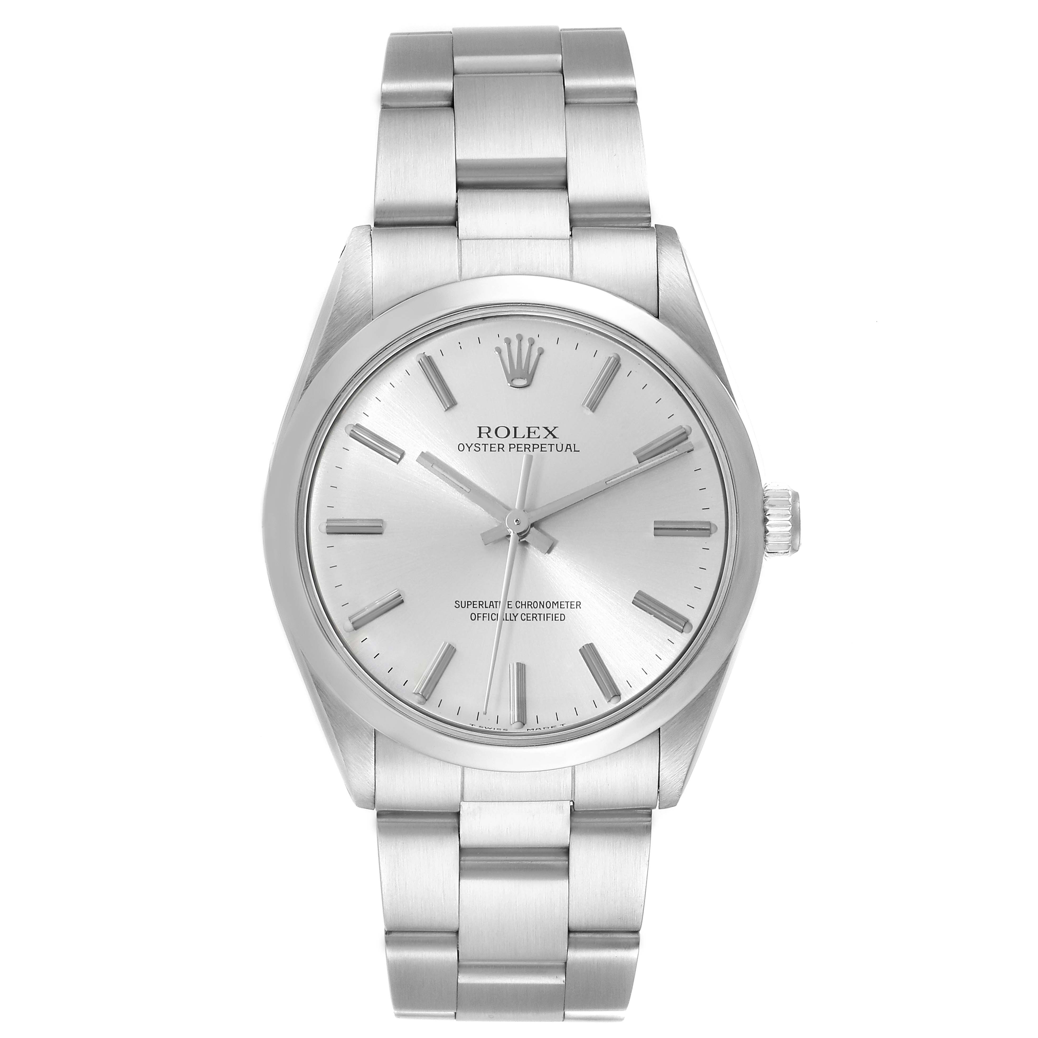The image shows a front-facing angle of a Rolex Vintage Collection 1002 Men's Stainless Steel Silver Dial 1002 Men's Stainless Steel Silver Dial Oyster Perpetual watch displaying its dial, bezel, and metal bracelet.