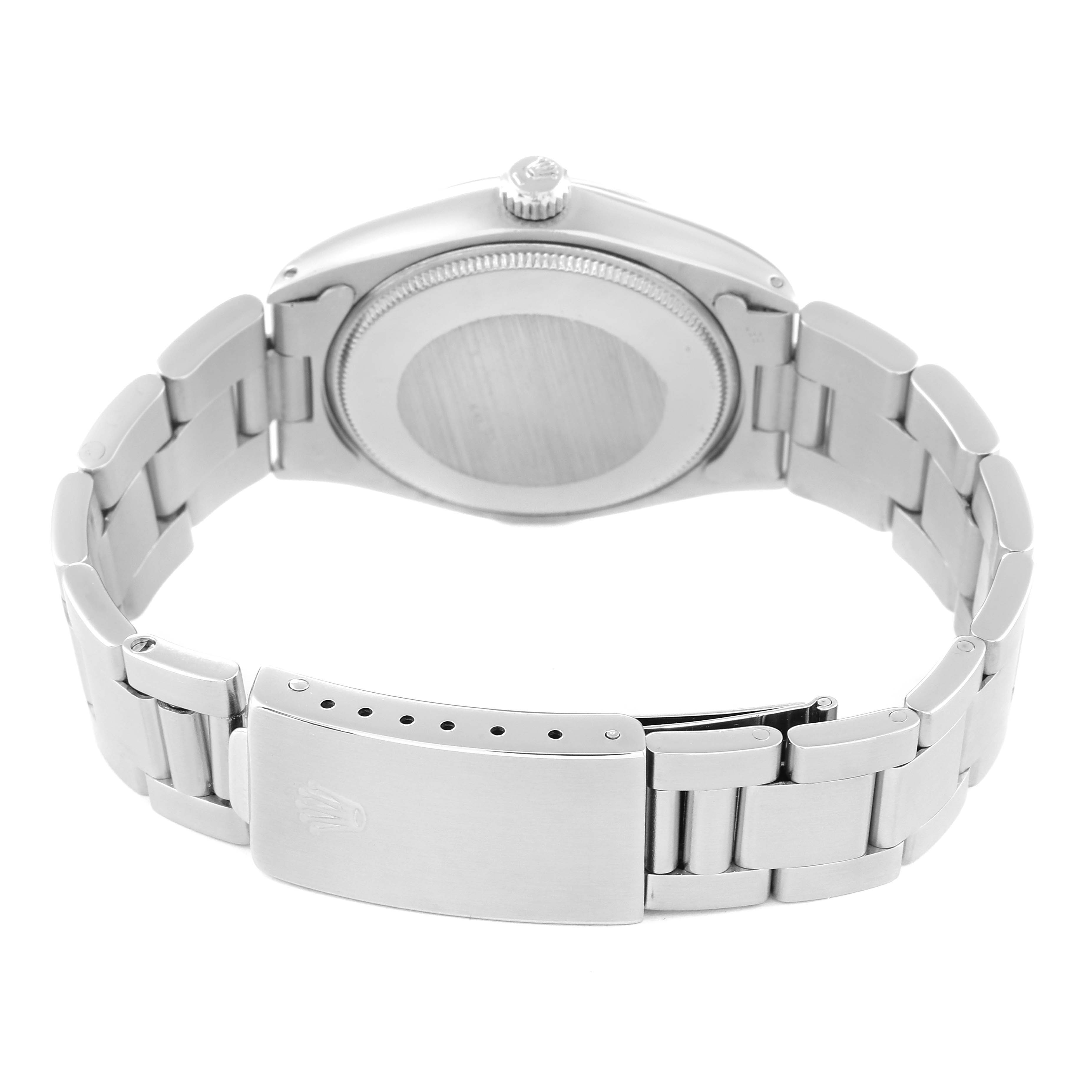 This image shows the back view, bracelet, and clasp of a Rolex Vintage Collection 1002 Men's Stainless Steel Silver Dial 1002 Men's Stainless Steel Silver Dial model watch.