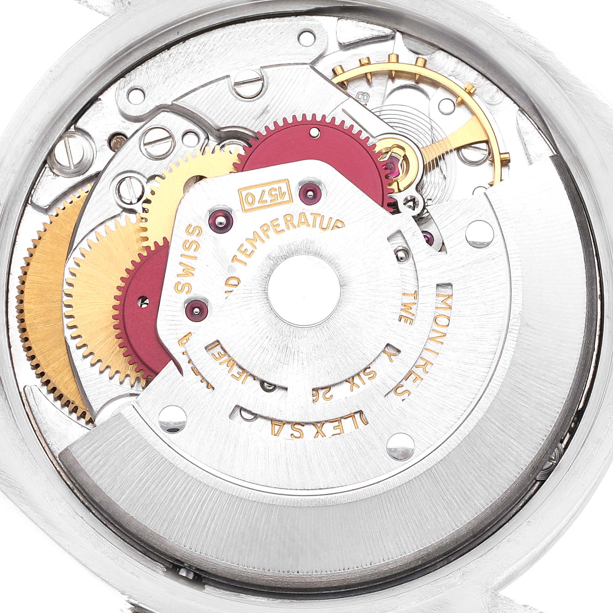 The image shows the intricate internal mechanism of the Rolex Vintage Collection 1002 Men's Stainless Steel Silver Dial 1002 Men's Stainless Steel Silver Dial model watch, viewed from the back case.