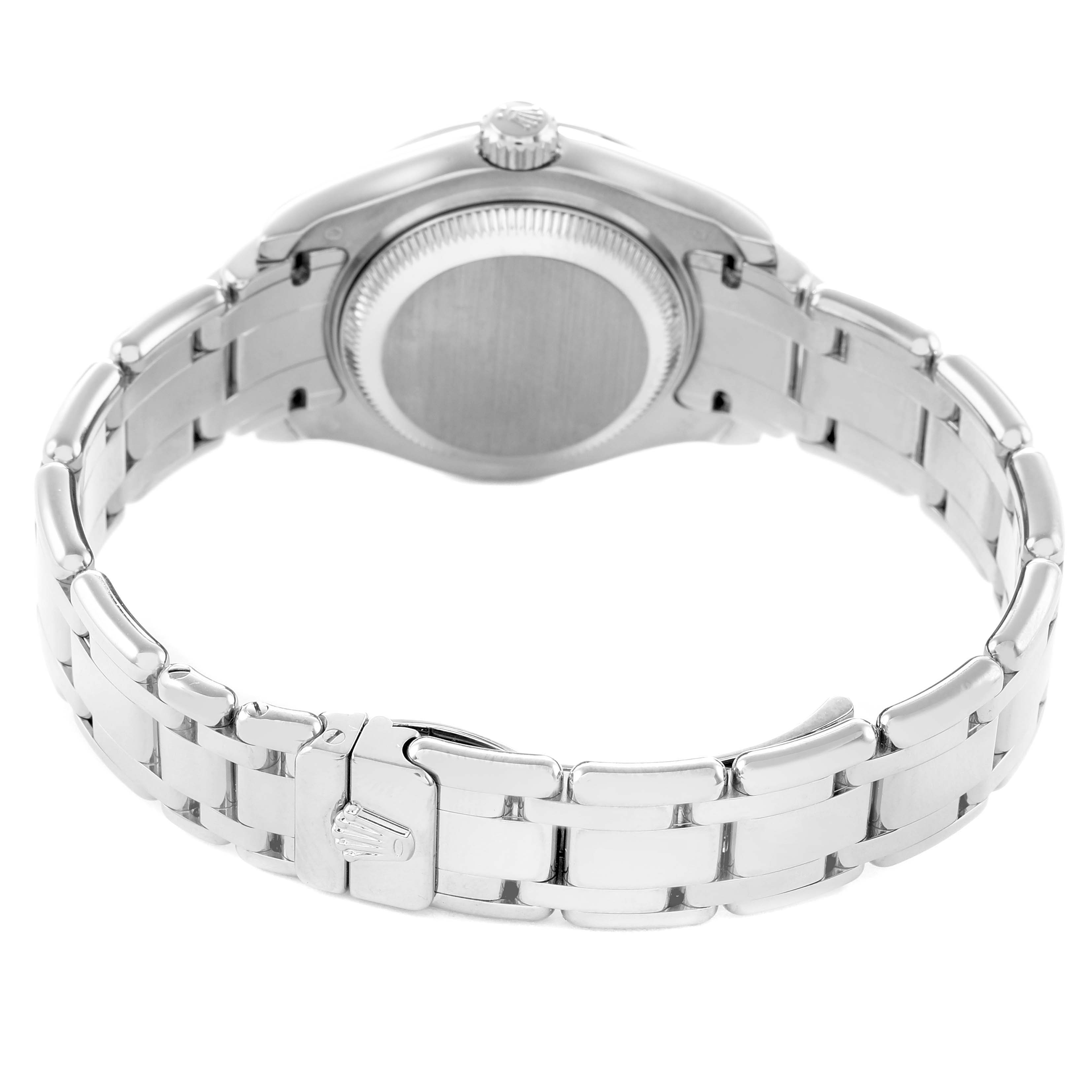 The image shows the back and bracelet of a Rolex Pearlmaster 80339 Women's White Gold Mother of Pearl Dial watch from a rear angle.