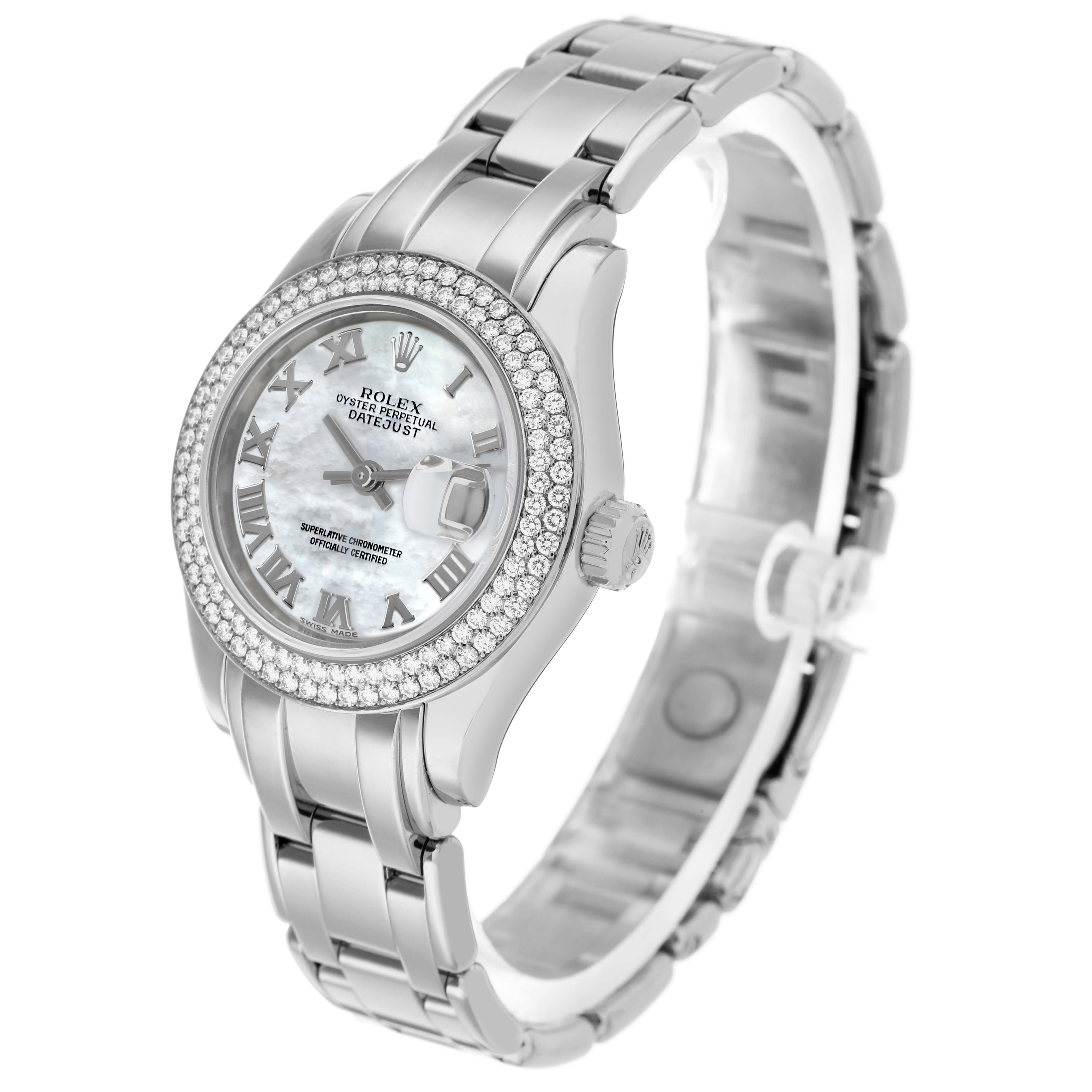 The Rolex Pearlmaster 80339 Women's White Gold Mother of Pearl Dial watch is shown from a three-quarter angle, highlighting its face, band, and diamond-encrusted bezel.