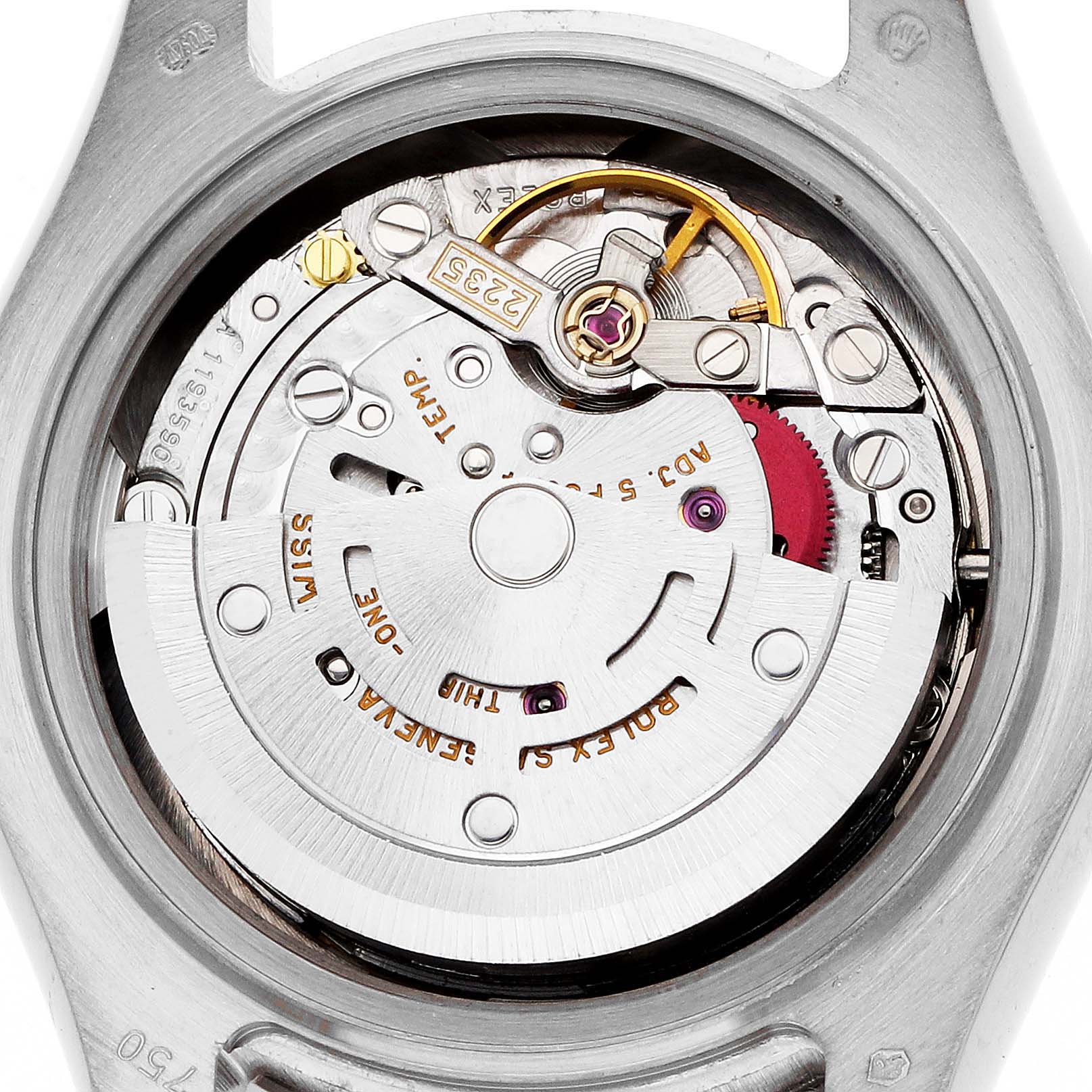 The image shows the movement mechanism of the Rolex Pearlmaster 80339 Women's White Gold Mother of Pearl Dial, viewed from the back, displaying gears and components.