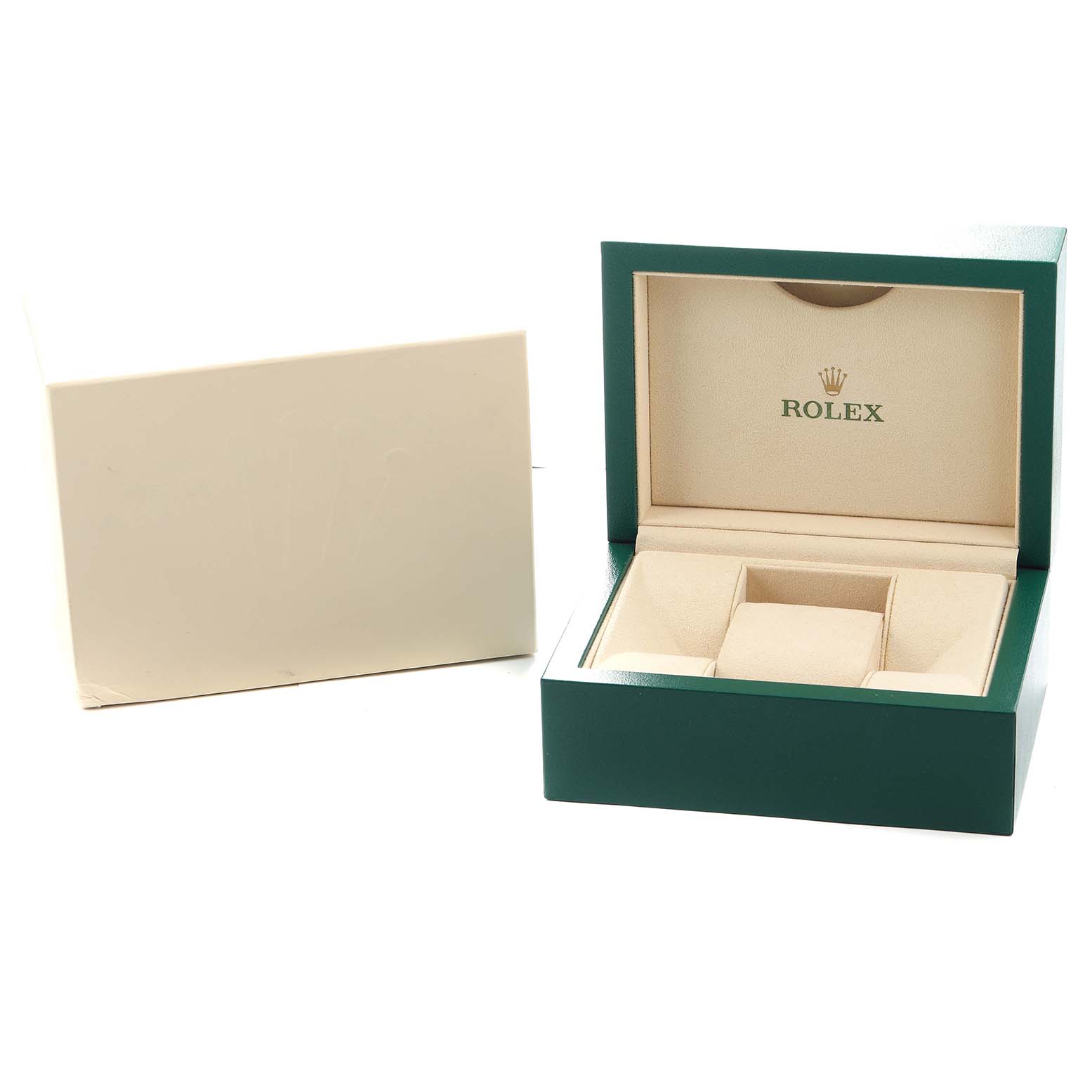 The image shows an open Rolex watch box and an outer box for the Pearlmaster model, displaying the interior compartments.