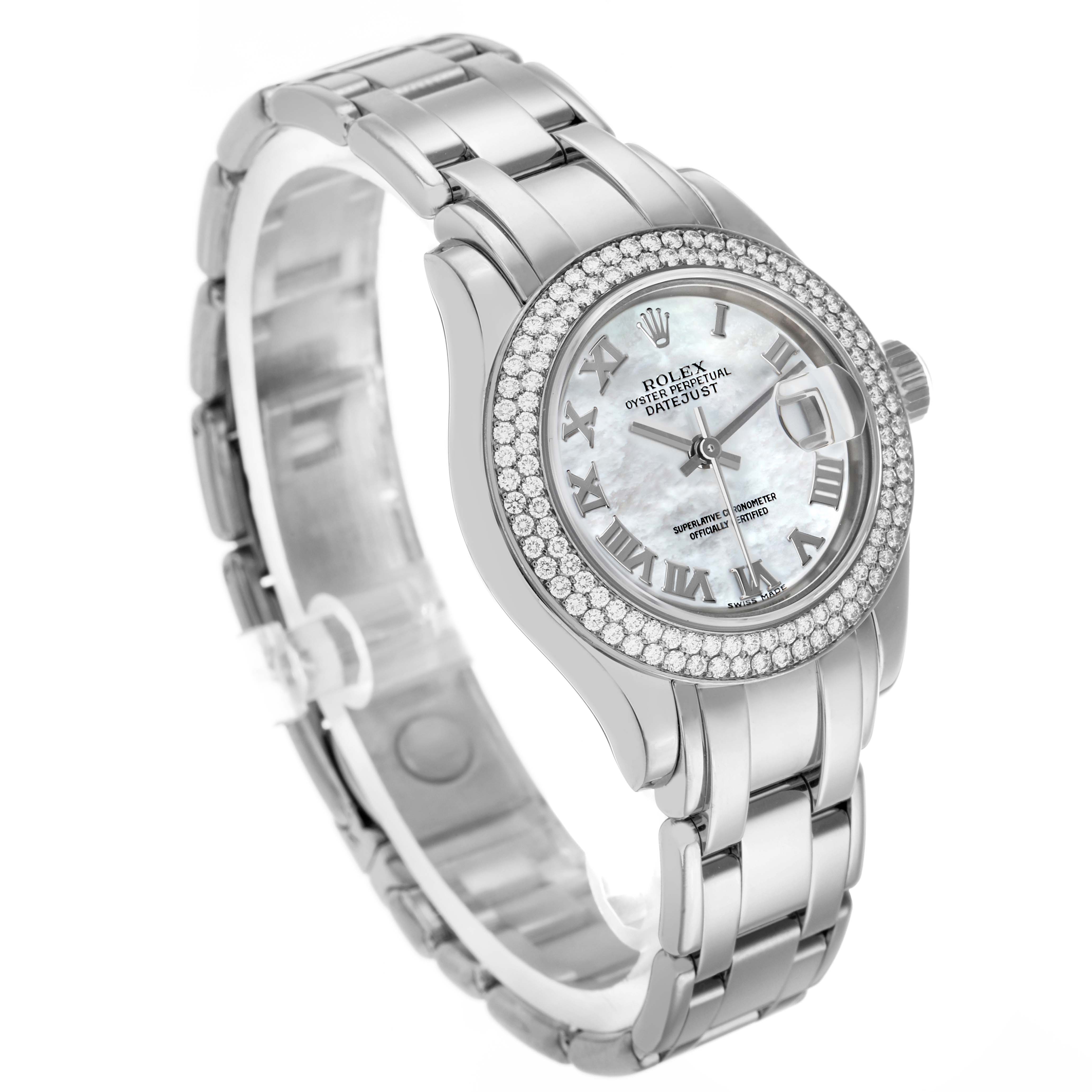 The Rolex Pearlmaster 80339 Women
s White Gold Mother of Pearl Dial watch is shown at an angled view, highlighting the diamond-set bezel, face, and bracelet.