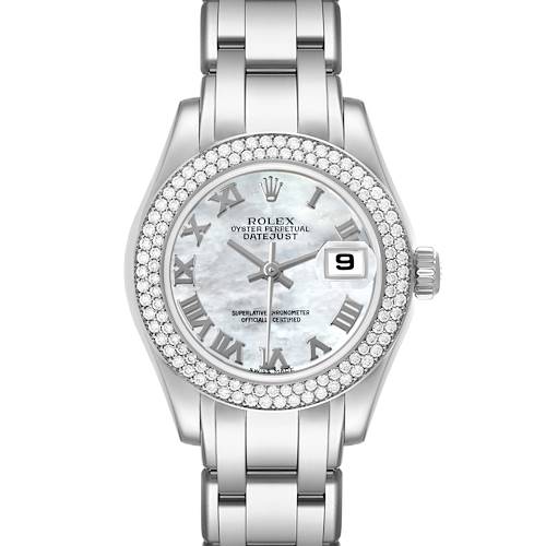 The Rolex Pearlmaster 80339 Women
s White Gold Mother of Pearl Dial watch is displayed from the front, showing its dial, bezel, and partial bracelet.