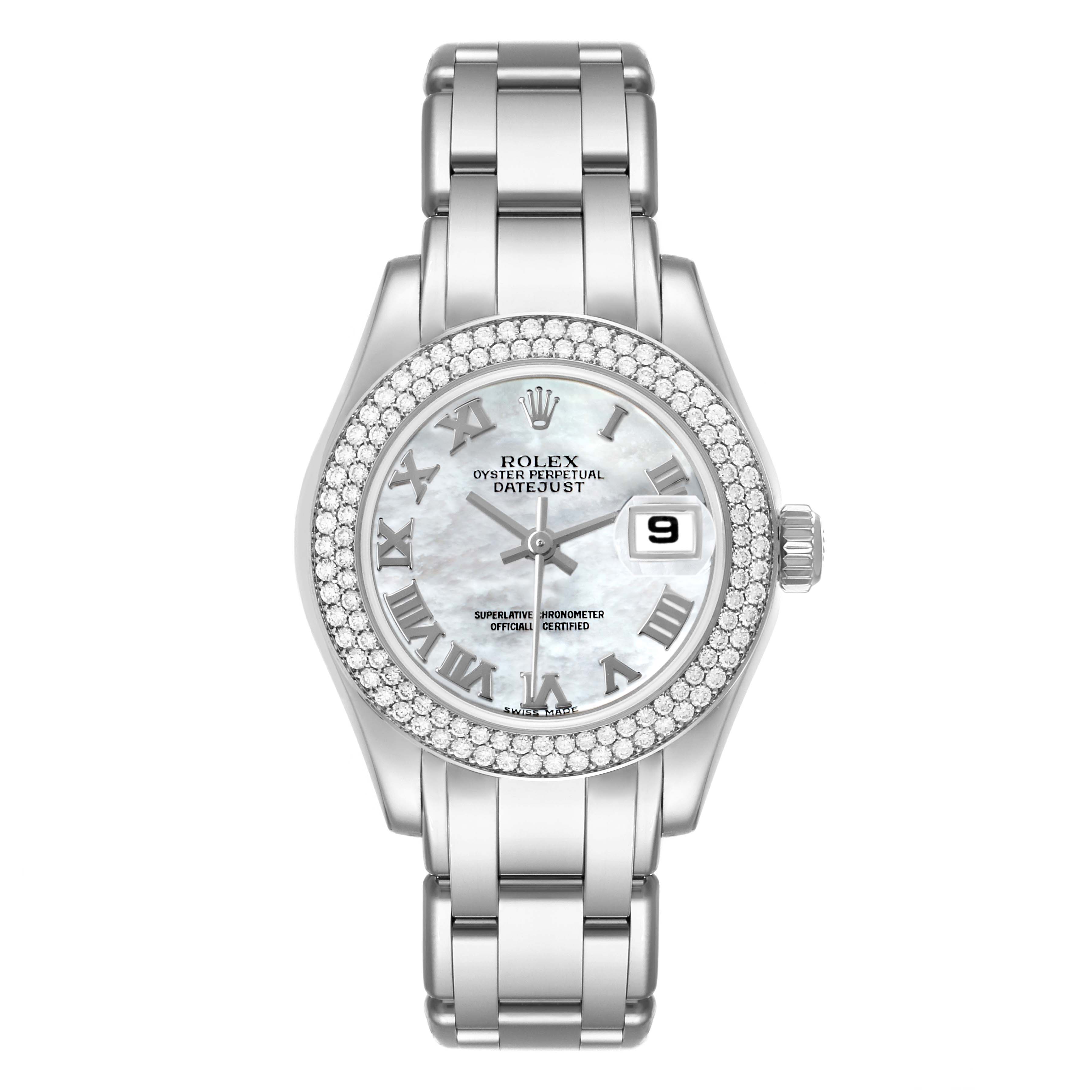 The Rolex Pearlmaster 80339 Women
s White Gold Mother of Pearl Dial watch is shown from a top view, displaying its face, bezel, and bracelet.