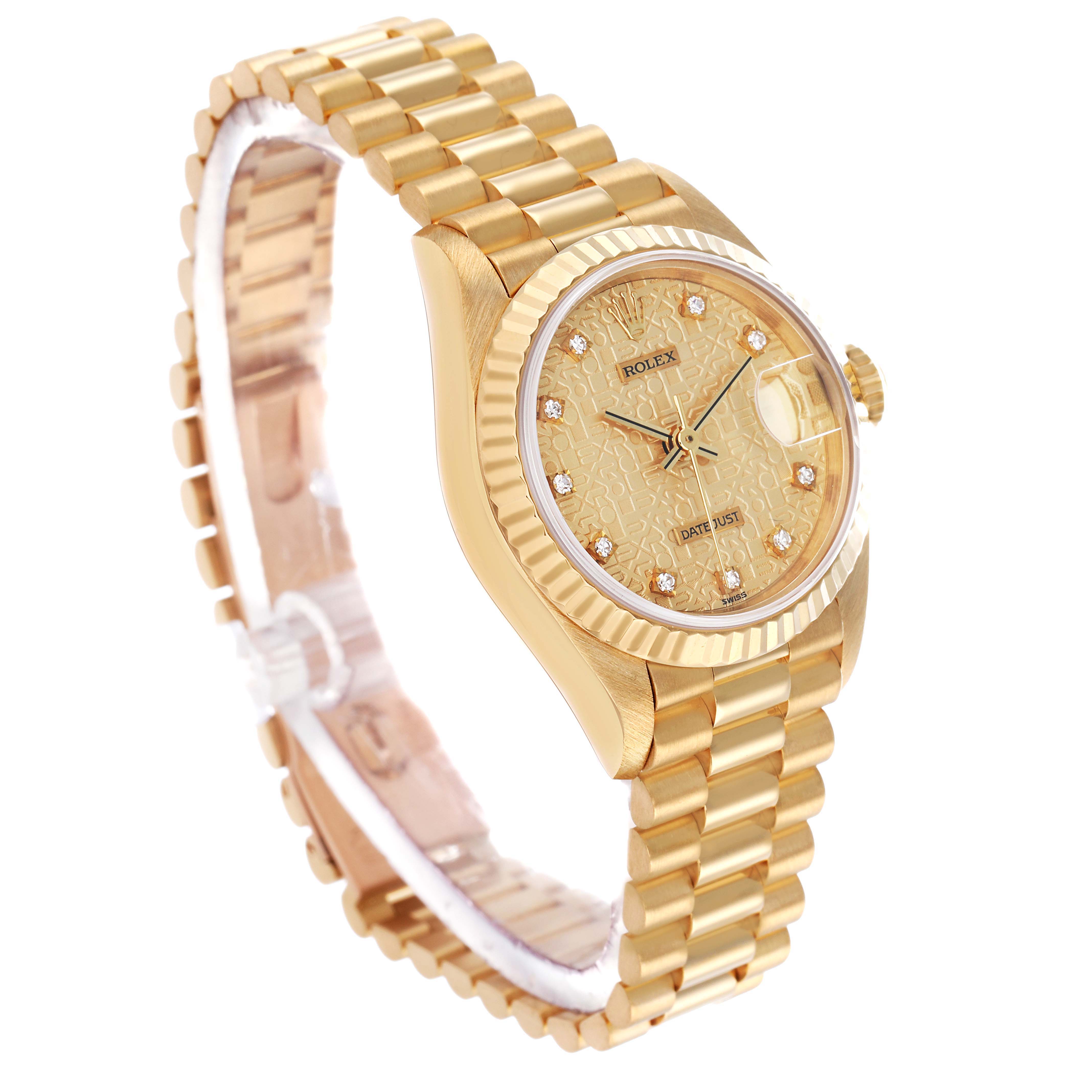 The Rolex President 69178 Women's Yellow Gold Champagne Dial model is shown in a side angle, highlighting the gold bracelet, fluted bezel, and diamond hour markers on the dial.