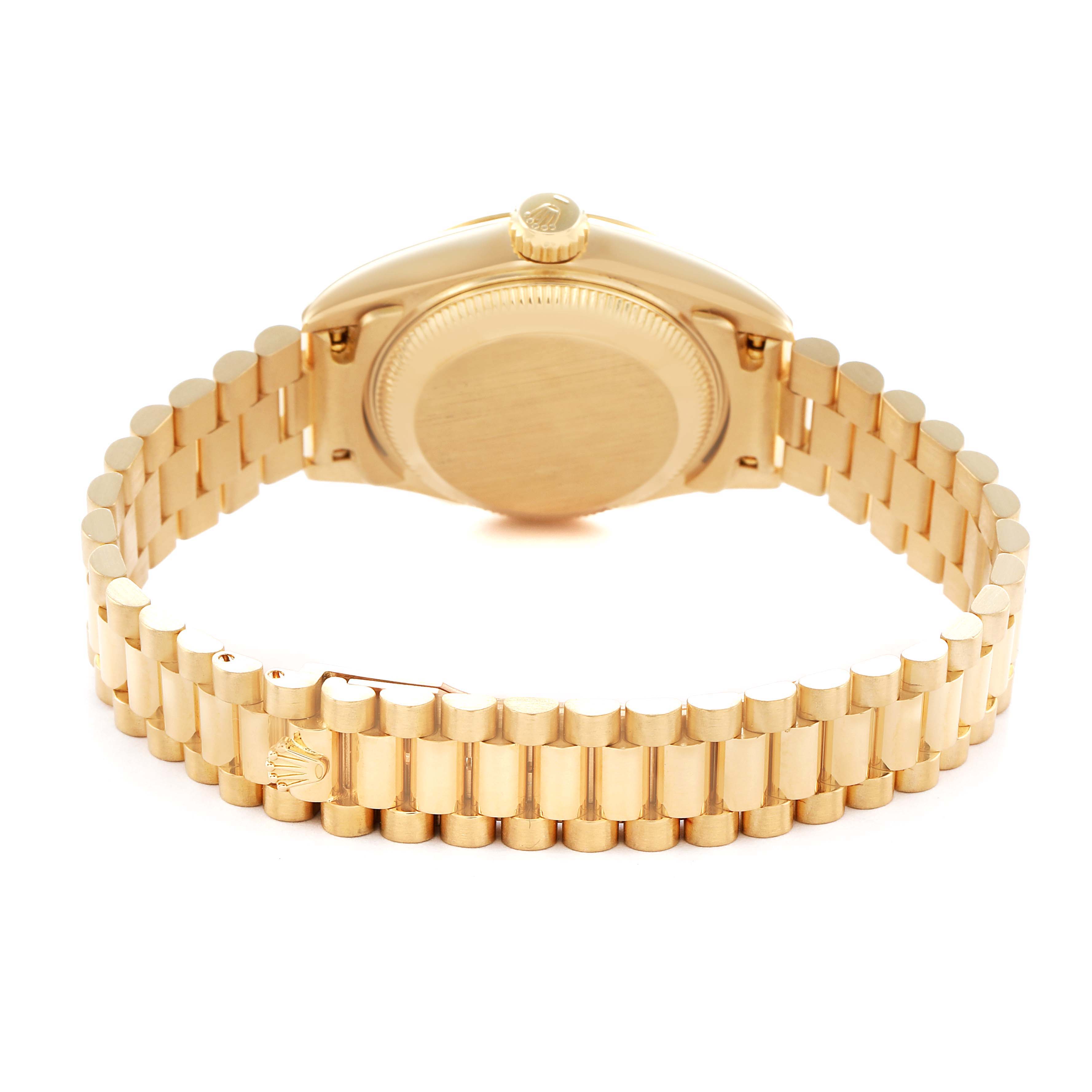 The Rolex President 69178 Women's Yellow Gold Champagne Dial model is shown from the back, highlighting the clasp, bracelet links, case back, and crown.