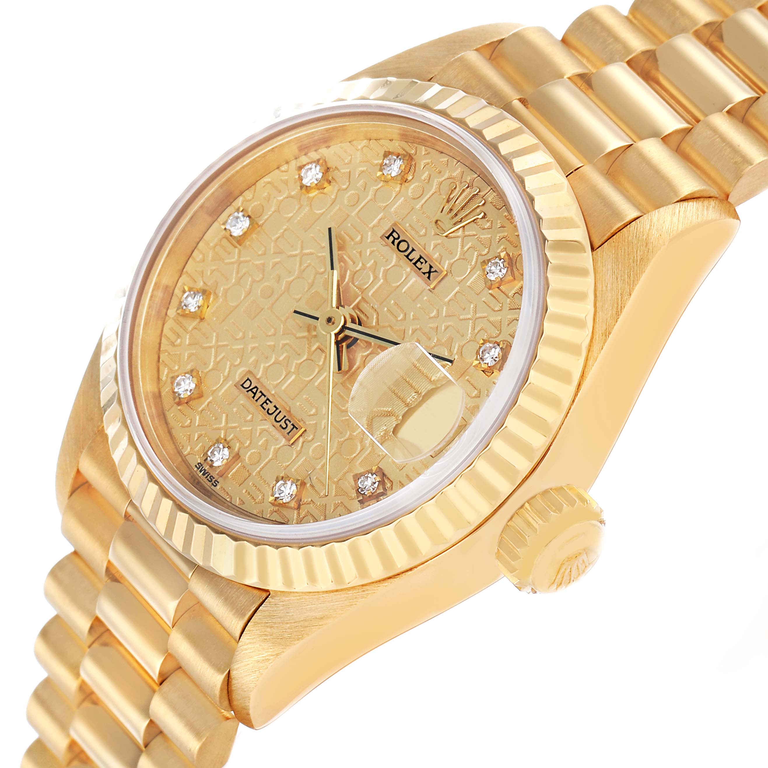 The Rolex President 69178 Women's Yellow Gold Champagne Dial watch is shown at a slight angle, displaying the face, fluted bezel, crown, and part of the bracelet.