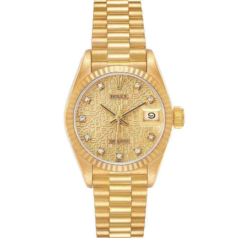 The Rolex President 69178 Women's Yellow Gold Champagne Dial model is shown from a front angle, highlighting its dial, bezel, crown, and bracelet.