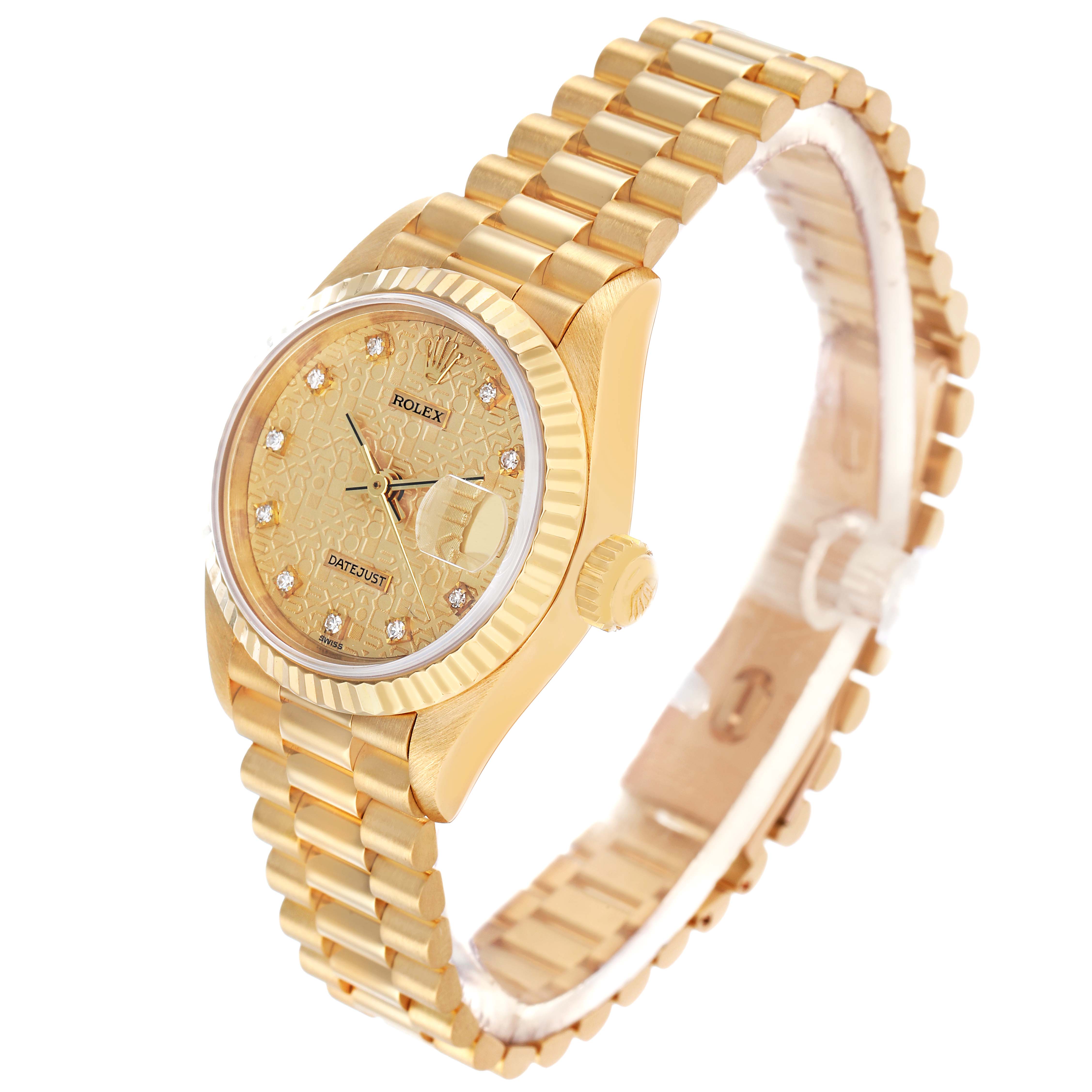 The Rolex President 69178 Women's Yellow Gold Champagne Dial model is shown at a three-quarter angle, highlighting the watch face, bezel, crown, and bracelet.