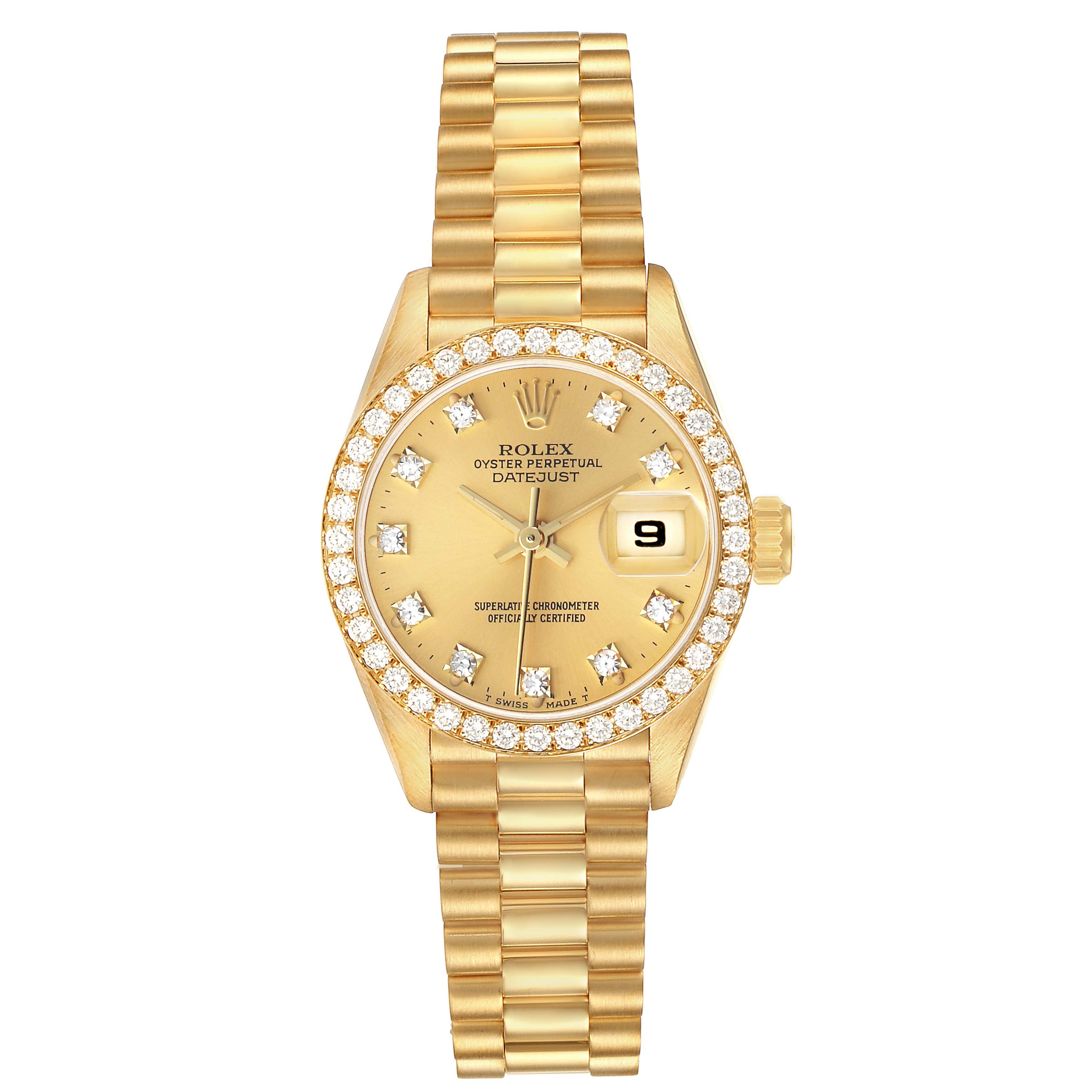 The image shows a front view of a Rolex President 69138 Women's Yellow Gold Champagne Dial model watch, highlighting its gold color, diamond bezel, and bracelet.