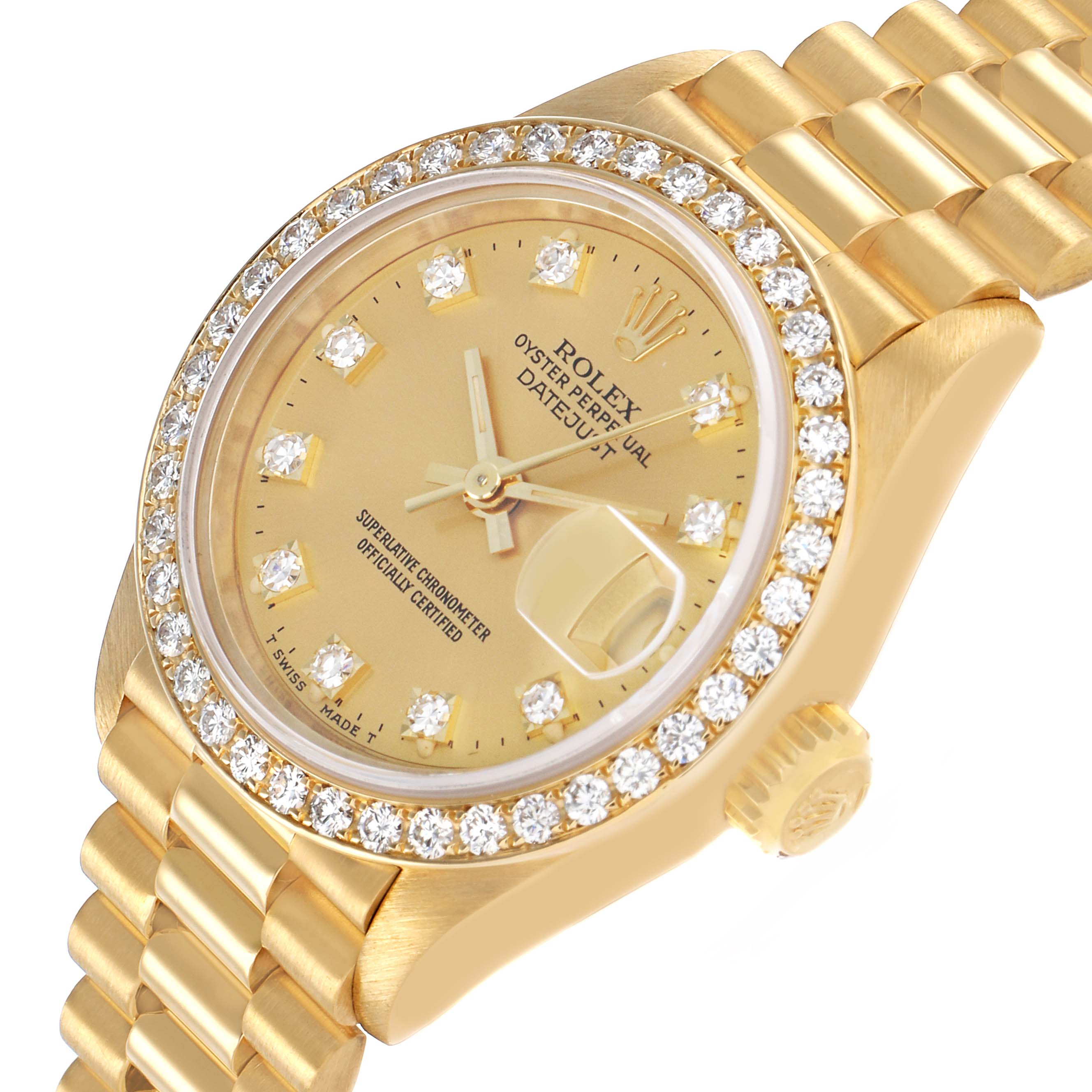 The Rolex President 69138 Women's Yellow Gold Champagne Dial model is shown at a three-quarter angle, highlighting the dial, diamond bezel, and bracelet.