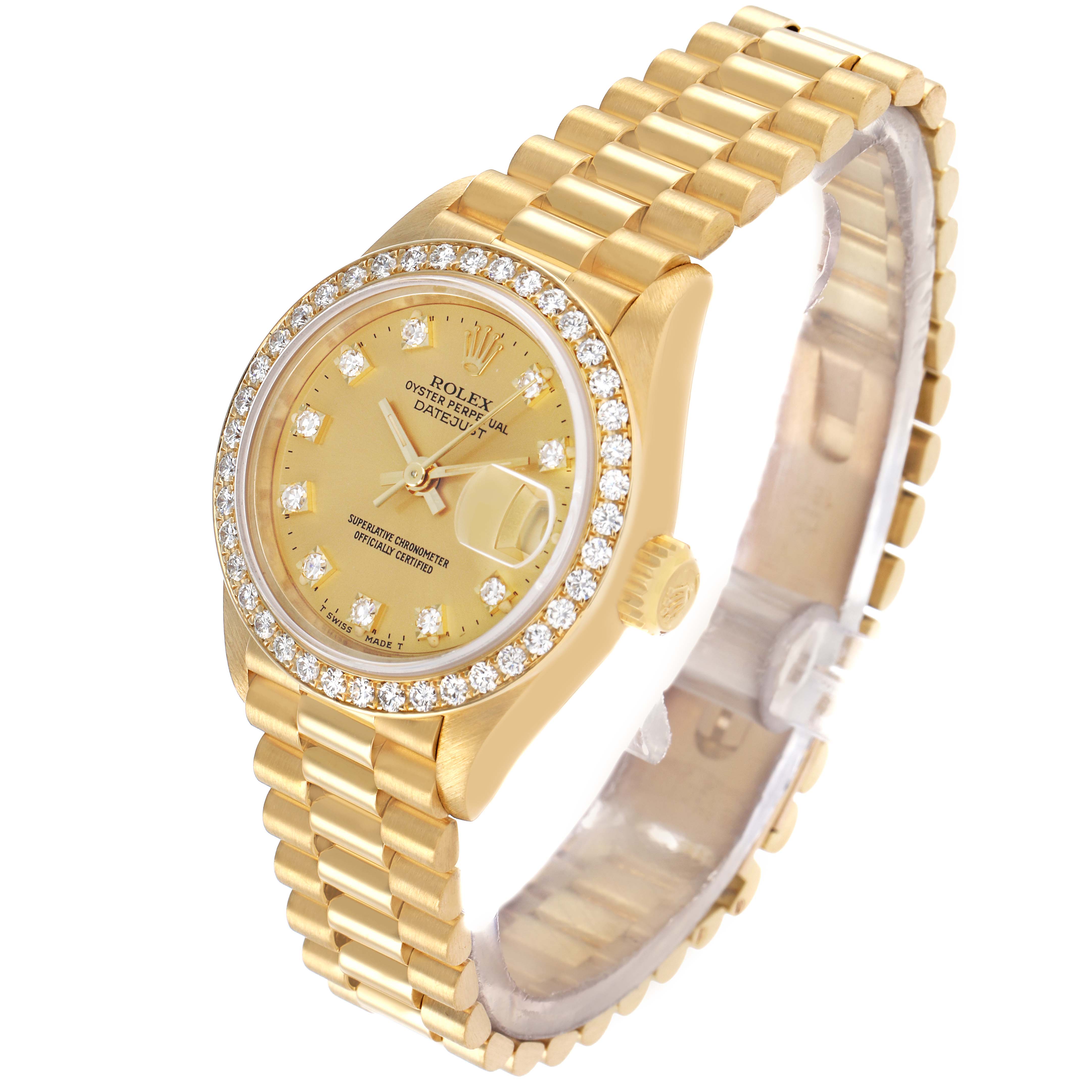 The Rolex President 69138 Women's Yellow Gold Champagne Dial model is shown at a slight angle highlighting its diamond bezel, gold dial, and gold link bracelet.