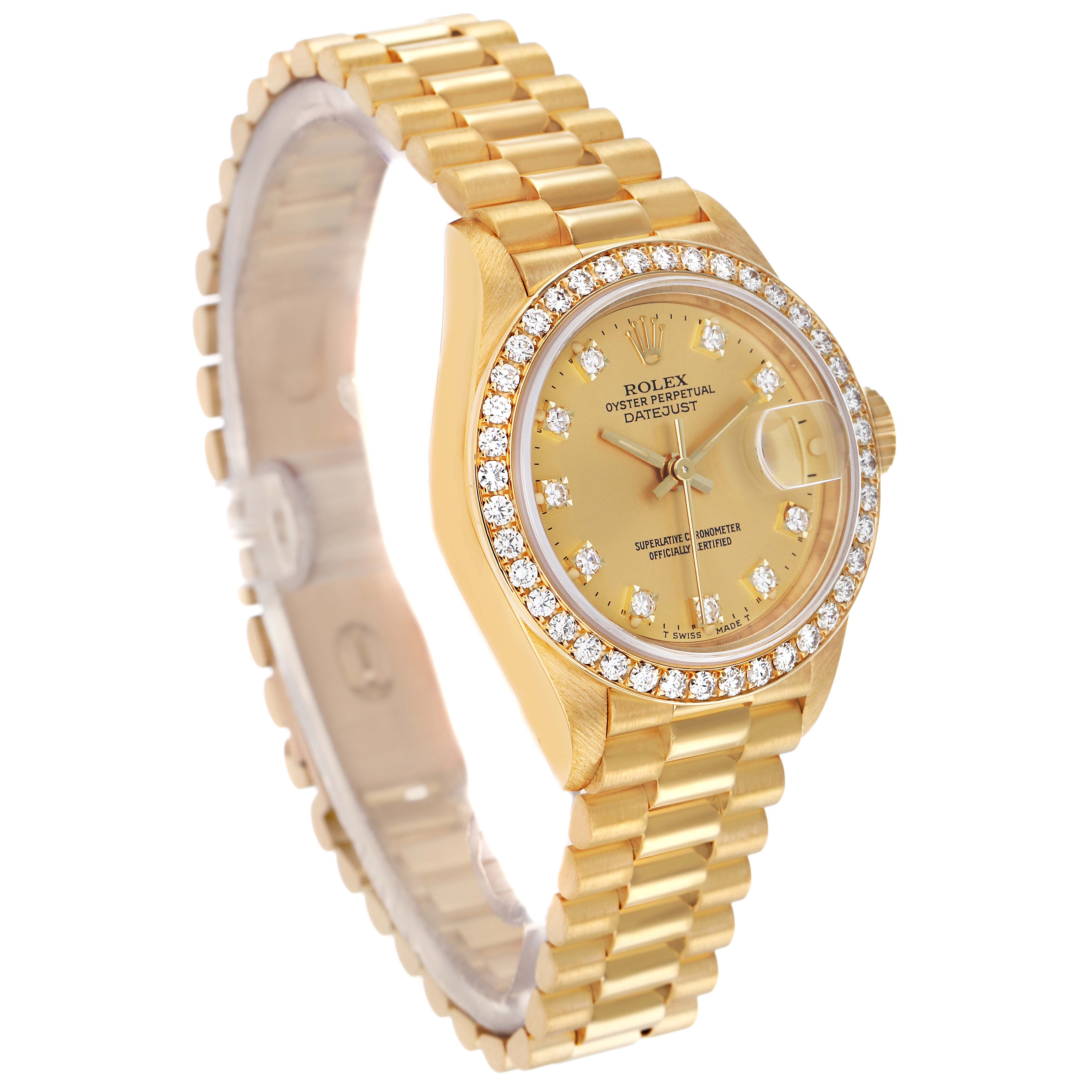 The Rolex President 69138 Women's Yellow Gold Champagne Dial model is shown at a three-quarter angle, displaying its bracelet, bezel, and dial with diamond hour markers.