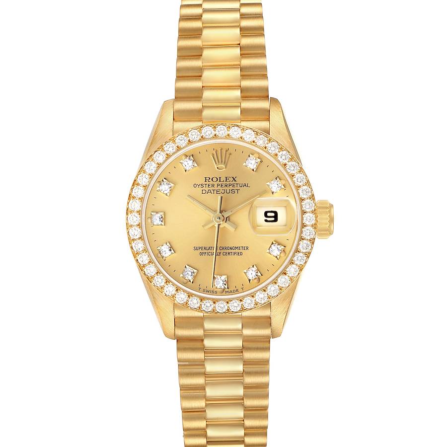 The Rolex President 69138 Women's Yellow Gold Champagne Dial model is shown from a top-down angle, highlighting its face, bezel, bracelet, and date feature.