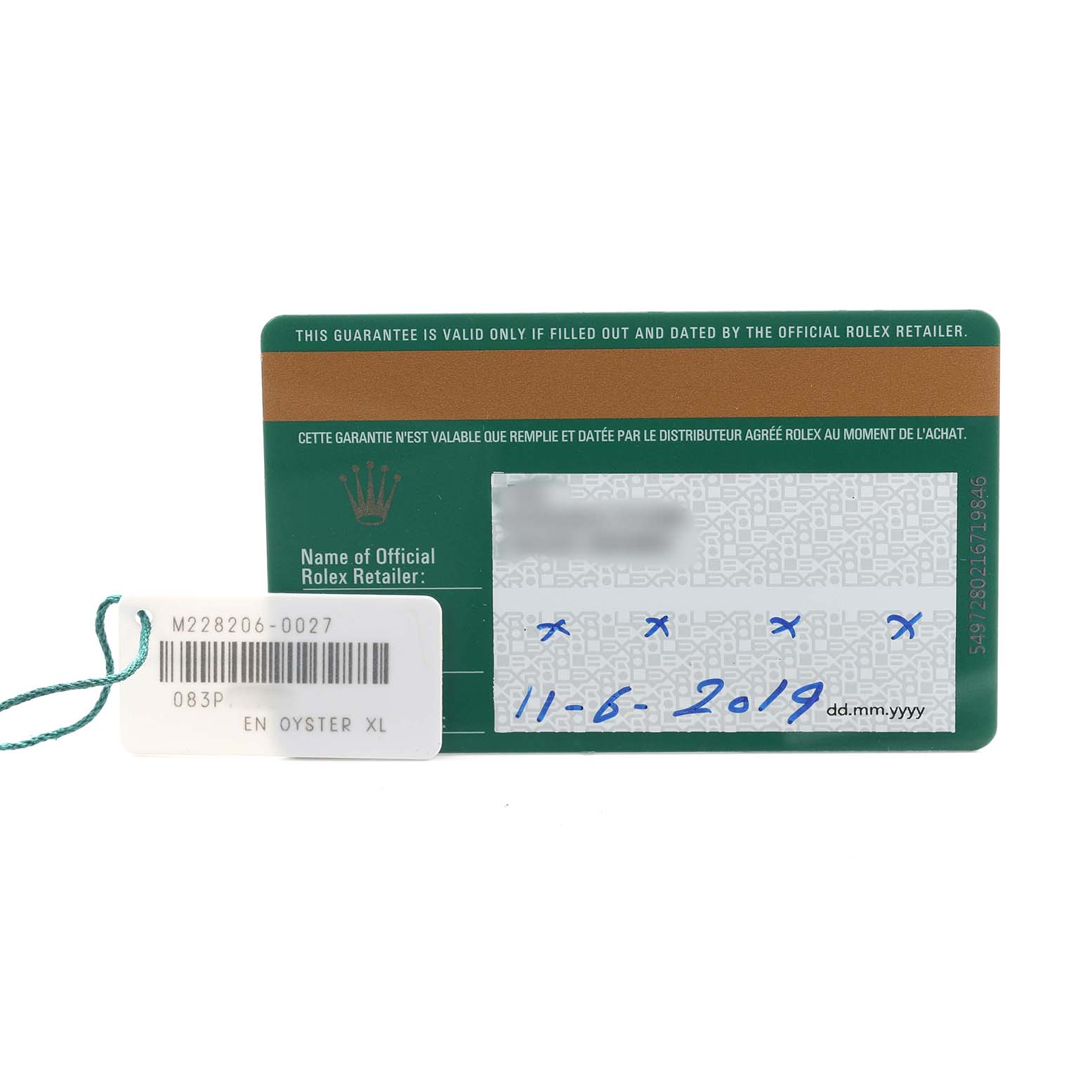 The image shows a Rolex guarantee card and a tag for the President model with serial and model numbers.