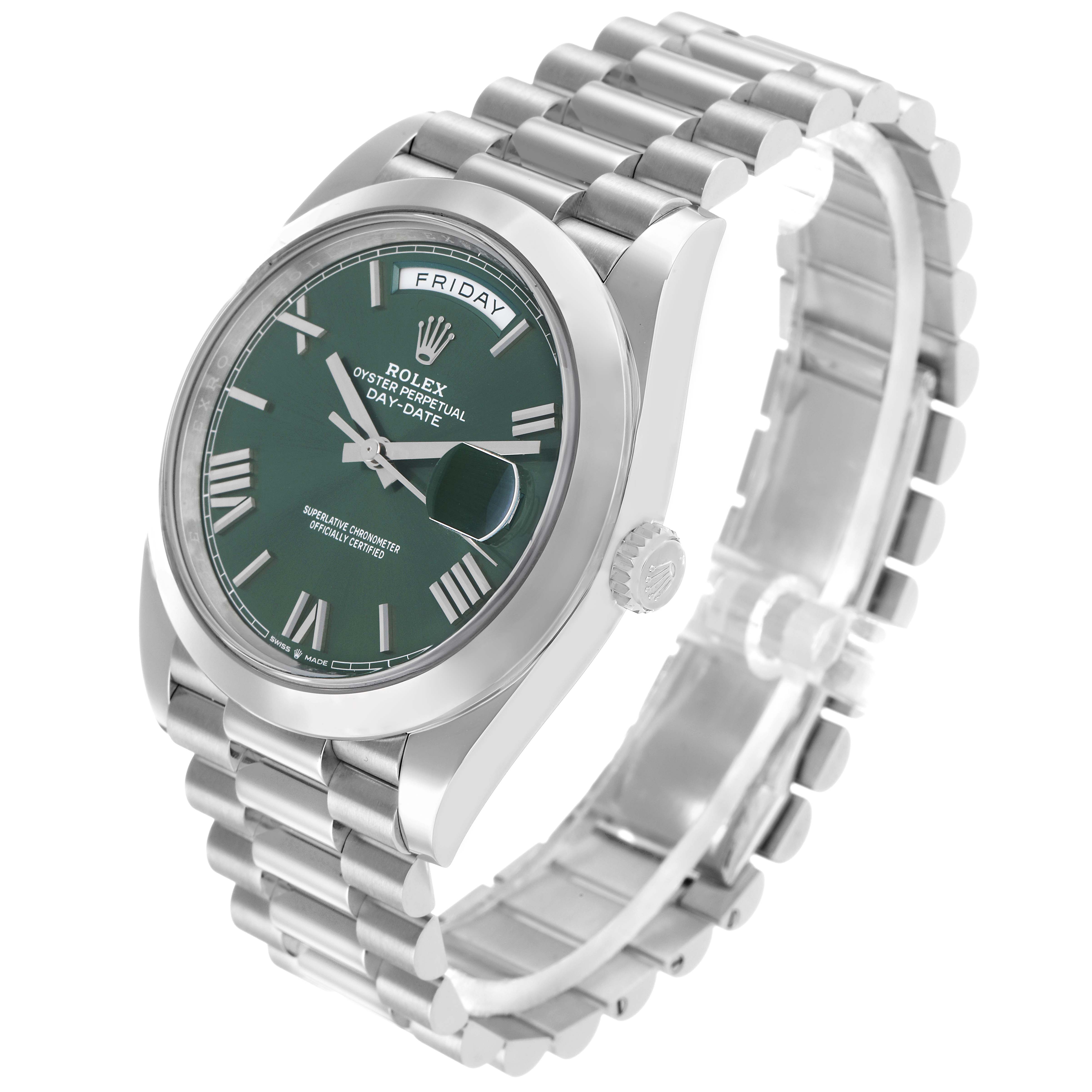 The Rolex President 228206 Men's Platinum Green Dial model watch is shown at a slight angle, displaying the dial, day-date window, case, crown, and bracelet.