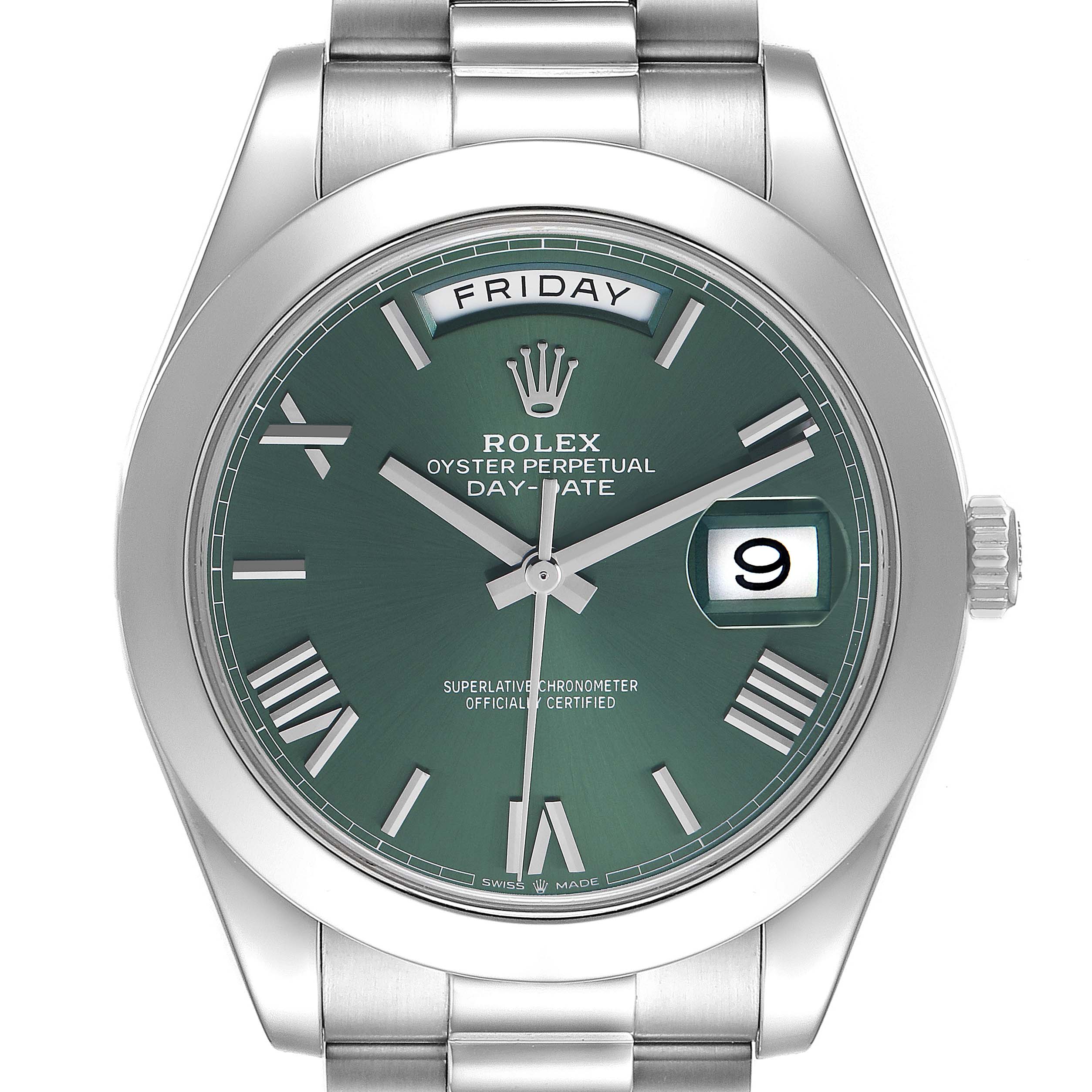 The Rolex President 228206 Men's Platinum Green Dial model is shown from the front, displaying the dial with day and date windows, and a portion of the bracelet.