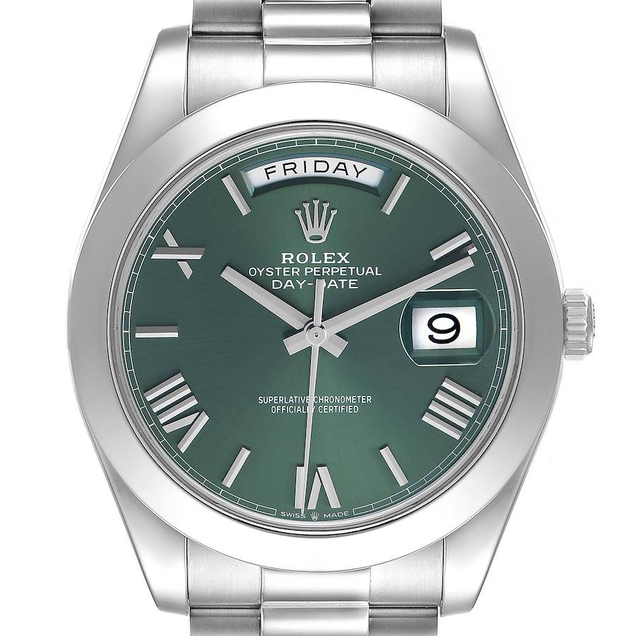 The Rolex President 228206 Men's Platinum Green Dial model is shown from the front, displaying the dial with day and date windows, and a portion of the bracelet.